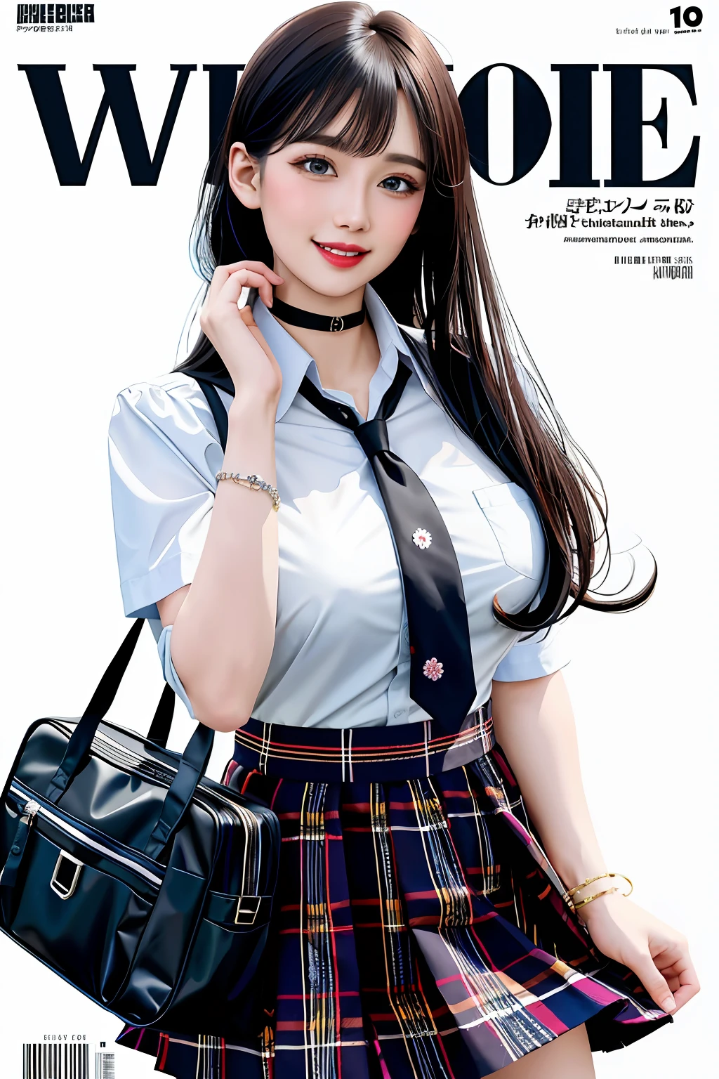 masterpiece, best quality, full body, 1girl, bangs, black choker, black necktie, black hair, blue skirt, blush, bracelet, breasts, choker, clothes around waist, collarbone, collared shirt, cowboy shot, dress shirt, ear piercing, eyebrows visible through hair, gradient hair, grin, gyaru, jewelry, kogal, long hair, looking at viewer, loose necktie, necktie, piercing, plaid, plaid skirt, pleated skirt, red eyes, ring, school uniform, shirt, skirt, smile, solo, white shirt, street, sky, cherry blossoms, petals,illustration, (magazine:1.3), (cover-style:1.3), fashionable, woman, vibrant, outfit, posing, front, colorful, dynamic, background, elements, confident, expression, holding, statement, accessory, majestic, coiled, around, touch, scene, text, cover, bold, attention-grabbing, title, stylish, font, catchy, headline, larger, striking, modern, trendy, focus, fashion,