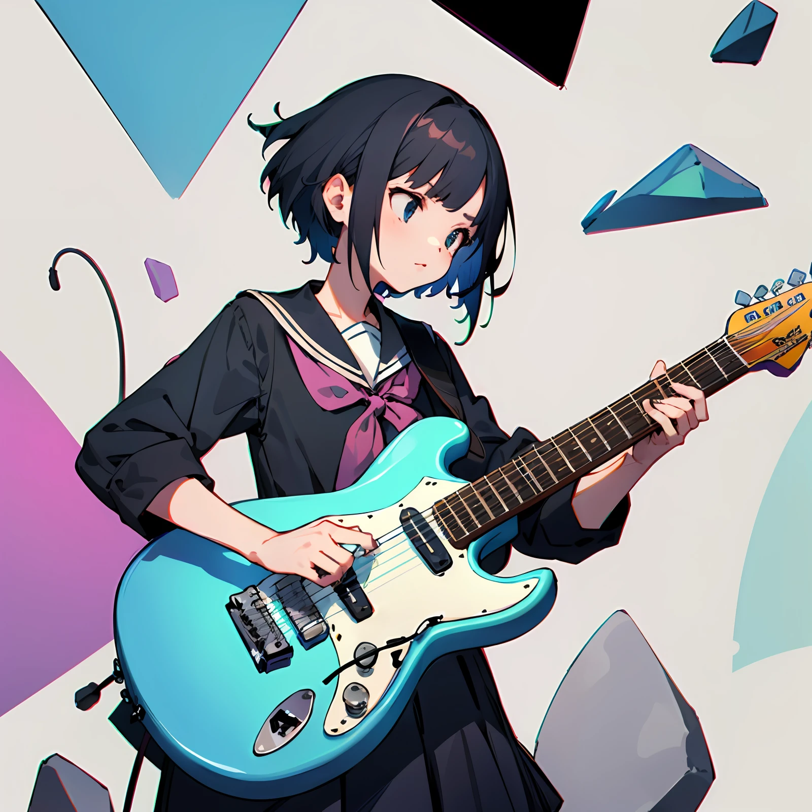 quadratic element,Poor milk,electric guitar,Music,Rock,JK school uniform,short detailed hair,England,bit girl,flat drawing,2D