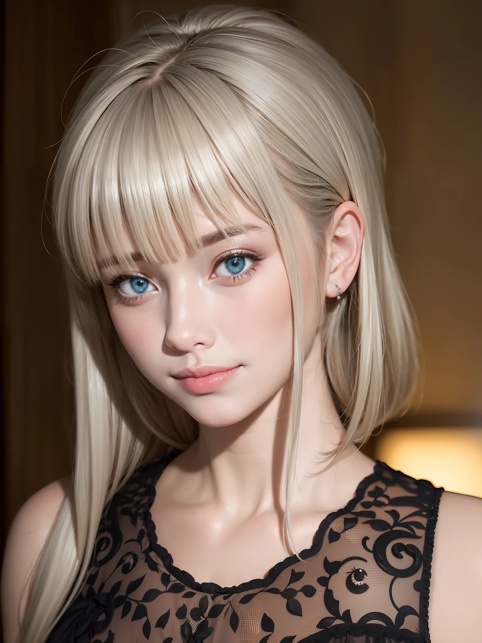 extremely detailed 8K wallpaper, 1girl, smile, ahoge, hime cut, silver hair	,realistic photo, a realistic photo,(photo realistic:1.1), best quality, masterpiece, ultra high res, (8k, RAW photo:1.2)