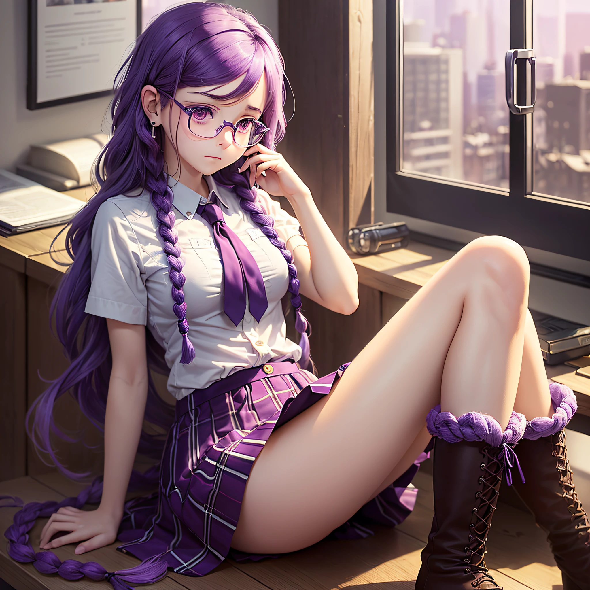 (Masterpiece, high quality, high definition), 1girl, (pointed ears),(purple eyes and hair), (hair thrown in front, long hair, hair divided into two braids), (small breasts), wearing ( office glasses), ((short-sleeved shirt with purple details)), (purple skirt), (boots), ((full body) shy and embarrassed expression, extremely detailed image
human ears