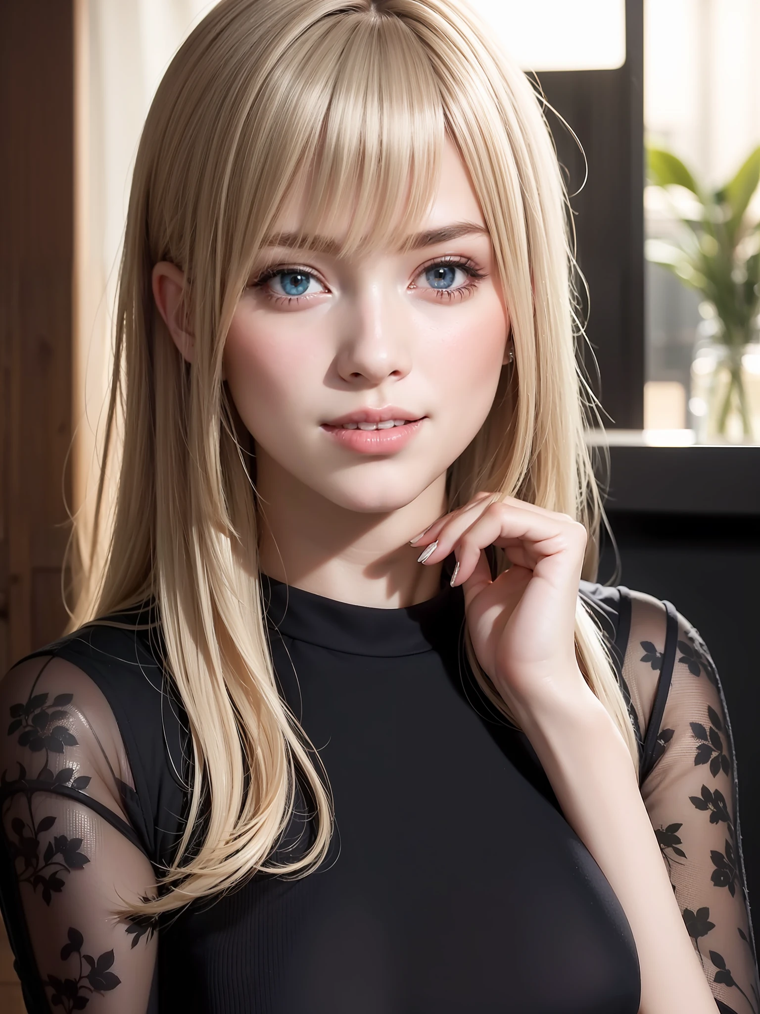 extremely detailed 8K wallpaper, 1girl, smile, ahoge, hime cut, silver hair ,realistic photo, a realistic photo,(photo realistic:1.1), best quality, masterpiece, ultra high res, (8k, RAW photo:1.2)
