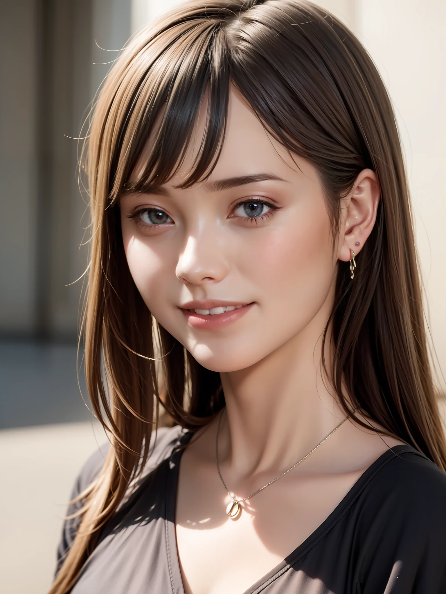 extremely detailed 8K wallpaper, 1girl, smile, ahoge, hime cut, silver hair ,realistic photo, a realistic photo,(photo realistic:1.1), best quality, masterpiece, ultra high res, (8k, RAW photo:1.2)