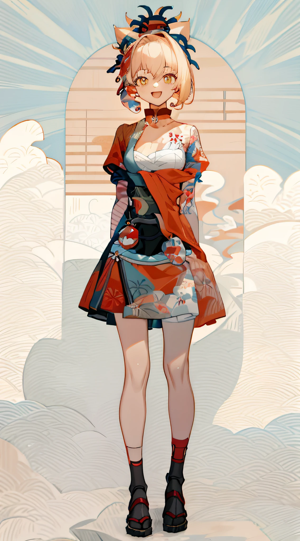 full body, upright, arms at sides, looking at viewer, pure-colored background, 1girl, open mouth, cat ears, smile, in "Hokusai-wave" style