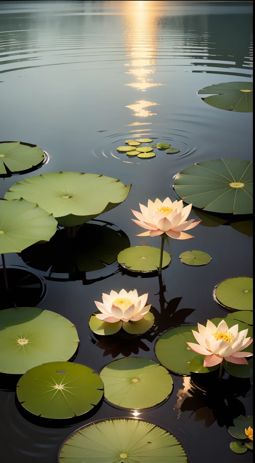 Lotus pond at night,There are lotus flowers,There are water lilies,Large leaf