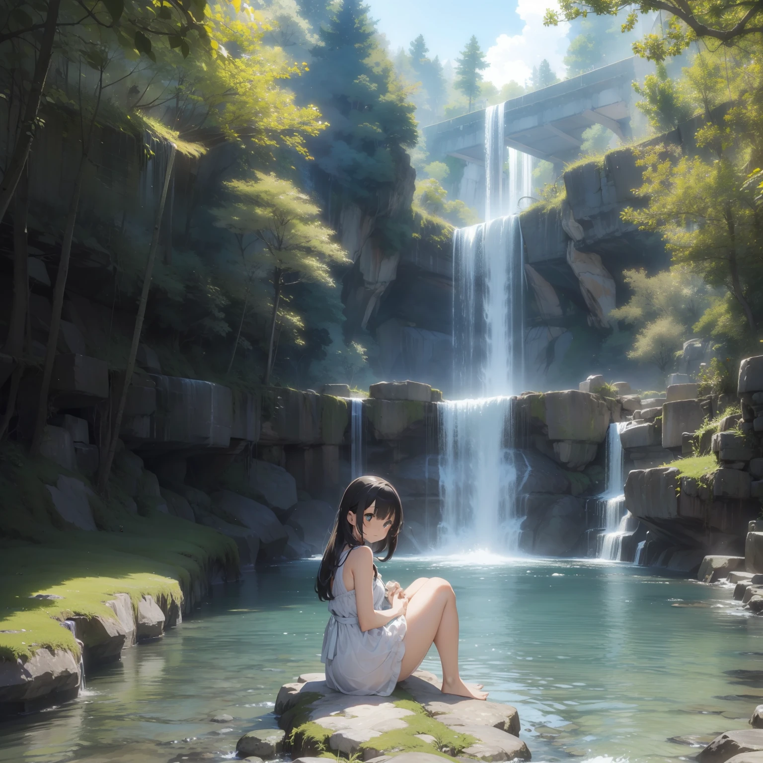 masterpiece、Beautiful images、high-level image quality、Definition image quality、独奏、Very pretty girl、Girl in light beautiful dress sitting by a stream with crystal clear water、A girl was cooling off barefoot in the water of the river、Healing smile、break Camera angle from diagonally above、A green world stretches around the creek、There was a healing space where you can feel negative ions、A large waterfall is nearby、Healthy skin and glow、