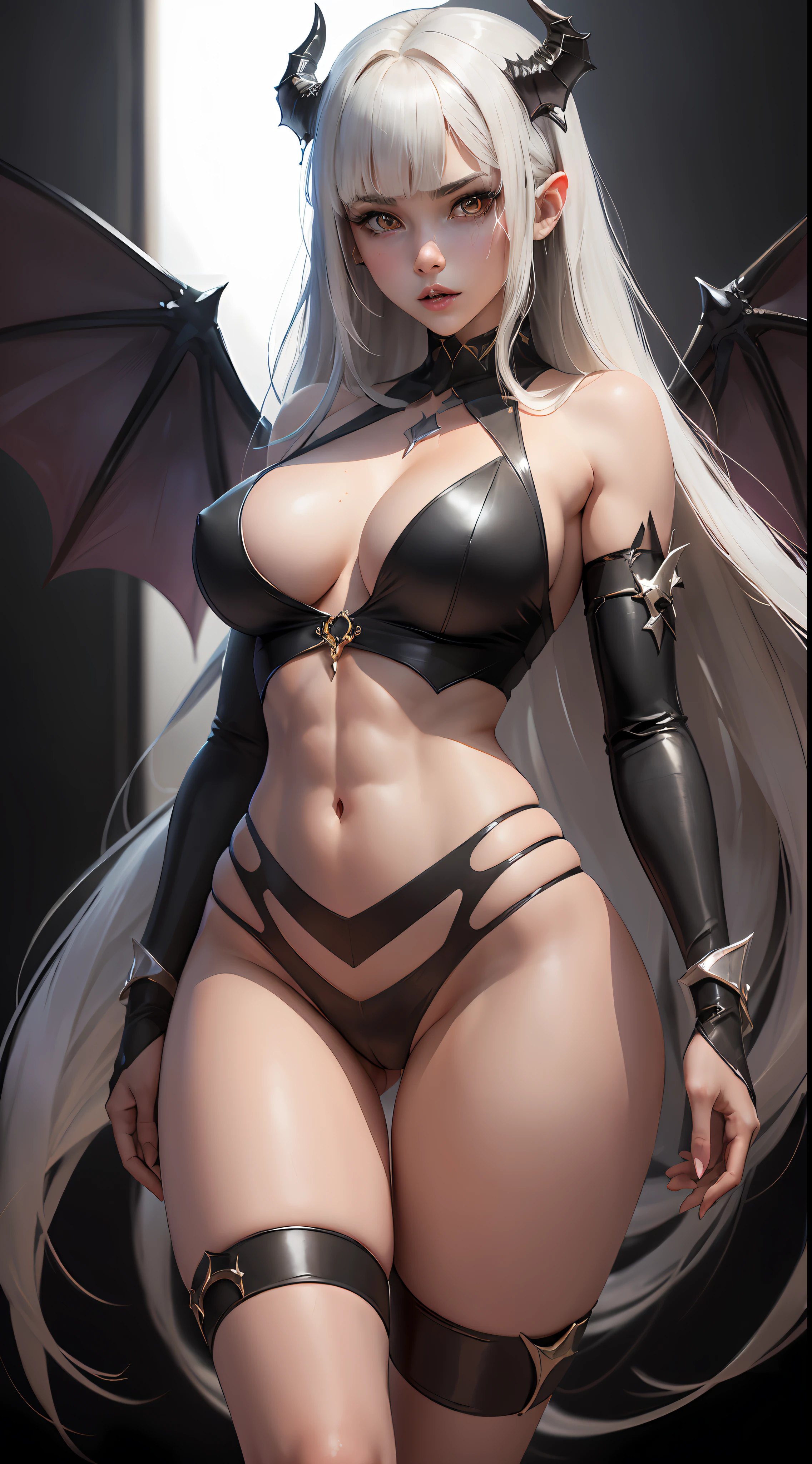 attractive very skinny and tall tanned young girl ((20 years)) standing, ((studio photo 4k RAW resolution)), devil horns, purple-ish skin, tall and skinny, model figure, demon wings, glowing eyes, illuminating eyes, ((blank glowing eyes)), ((skimpy demon girl outfit)), cleavage, big breasts, abs, skinny arms, long painted fingernails, ((long white straight hair with sharp bangs)), ((dark black background)), ((dim light, darkness))