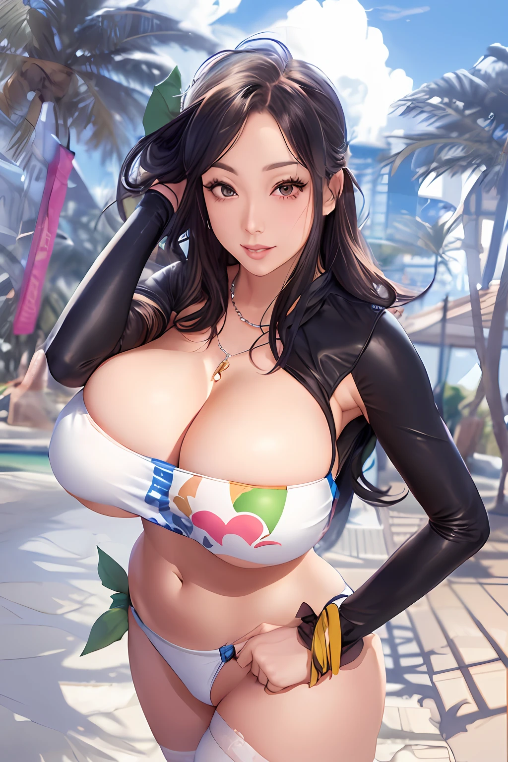 a anime of a woman in a bikini top and a necklace, commission for high res, oc commission, sfw huge breasts, brittney lee, by Randy Vargas, realistic bikini, pinup art, cutesexyrobutts, side boob, oppai, commission for, beautiful alluring anime teen, oppai proportions, seductive anime girl, nico robin, big breasts!
