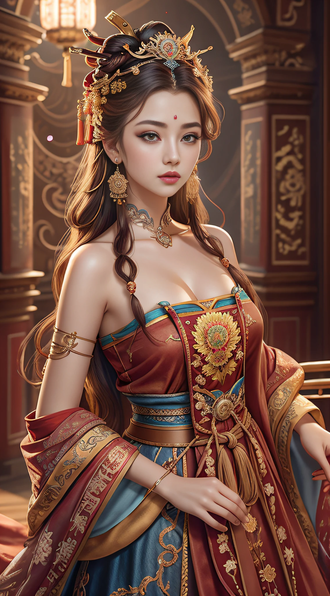 Best quality, masterpiece, ultra-detailed high resolution, (realistic: 1.4), original photos, illustrations,
1 Girl Holding Weapon, (Solo Exhibition: 1.2), (Denim Lens: 1.2), (Hair Crown: 1.2), Chinese Dunhuang Traditional Costume, No Straps, (Red Eyeliner: 1.2), (: 1.4), Earrings, Dynamic Angle, Opera House, messy_long_hair, Ink, Movie Lights, lens_flare, Velvet, Chrysanthemum, Tassels, Ribbons, Color Embroidery,