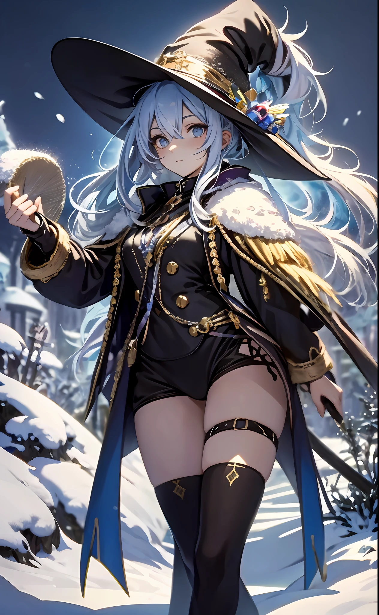 best qualityer,tmasterpiece,Ultimate resolution,downy,Extremely colorful,Colorful,The Witch,Long silver-blue hair,hair-bun,a matural female,Witch long-distance running,Magic Hat,Golden Hoop Stick,snow country,Lost snow,Normal posture