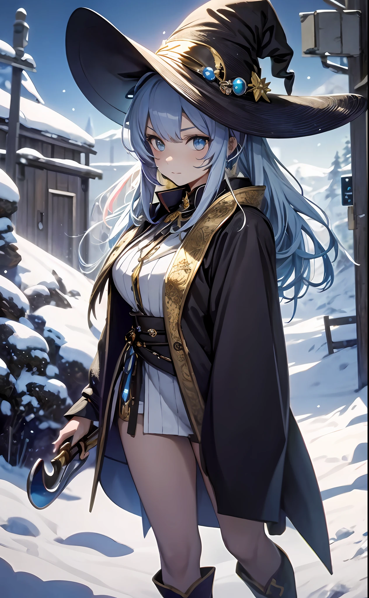 best qualityer,tmasterpiece,Ultimate resolution,downy,Extremely colorful,Colorful,The Witch,Long silver-blue hair,hair-bun,a matural female,Witch long-distance running,Magic Hat,Golden Hoop Stick,snow country,Lost snow,Normal posture