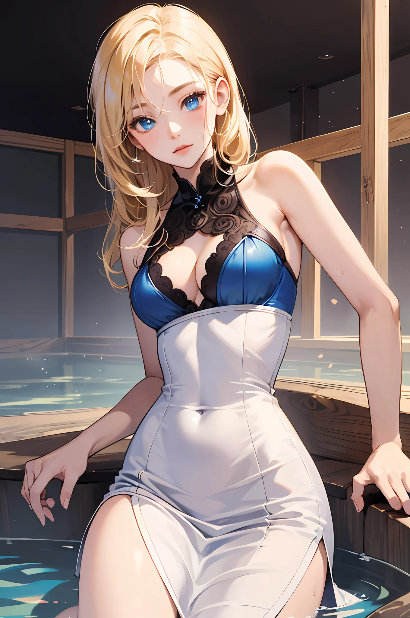 ((masterpiece)), ((best quality)), (ultra-detailed), ((sexy)), (ero), hot spring, a cute girl, 1girl, solo, one-piece dress, beautiful gold hair, beautiful blue eyes, ((beautiful eyes)), white-skinned, ashamed --auto