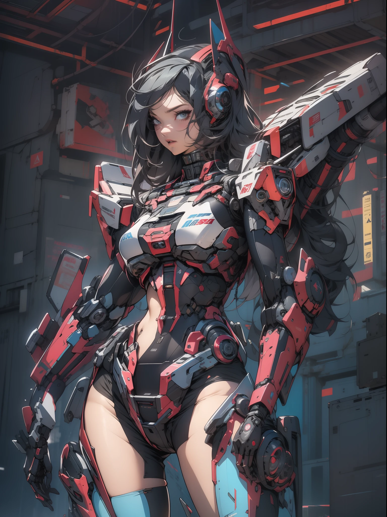 Uma mulher adulta poderosa em seu traje mecha mega detalhado, armamento pesado, viseira cyberpunk, grafismos hi-tech por todo o traje, melhor qualidade, obra prima, pose sexy, corpo perfeito