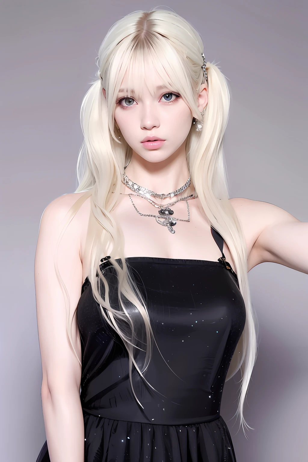 Blonde woman with long hair wearing a black dress,Wearing choking, Long white hair and bangs, with long white hair, portrait of jossi of blackpink, portrait of kim petras, long white hair, cabellos largos dorados, lalisa manobal, kda, render of april, Perfect white haired girl, Pale hair, ulzzangs
