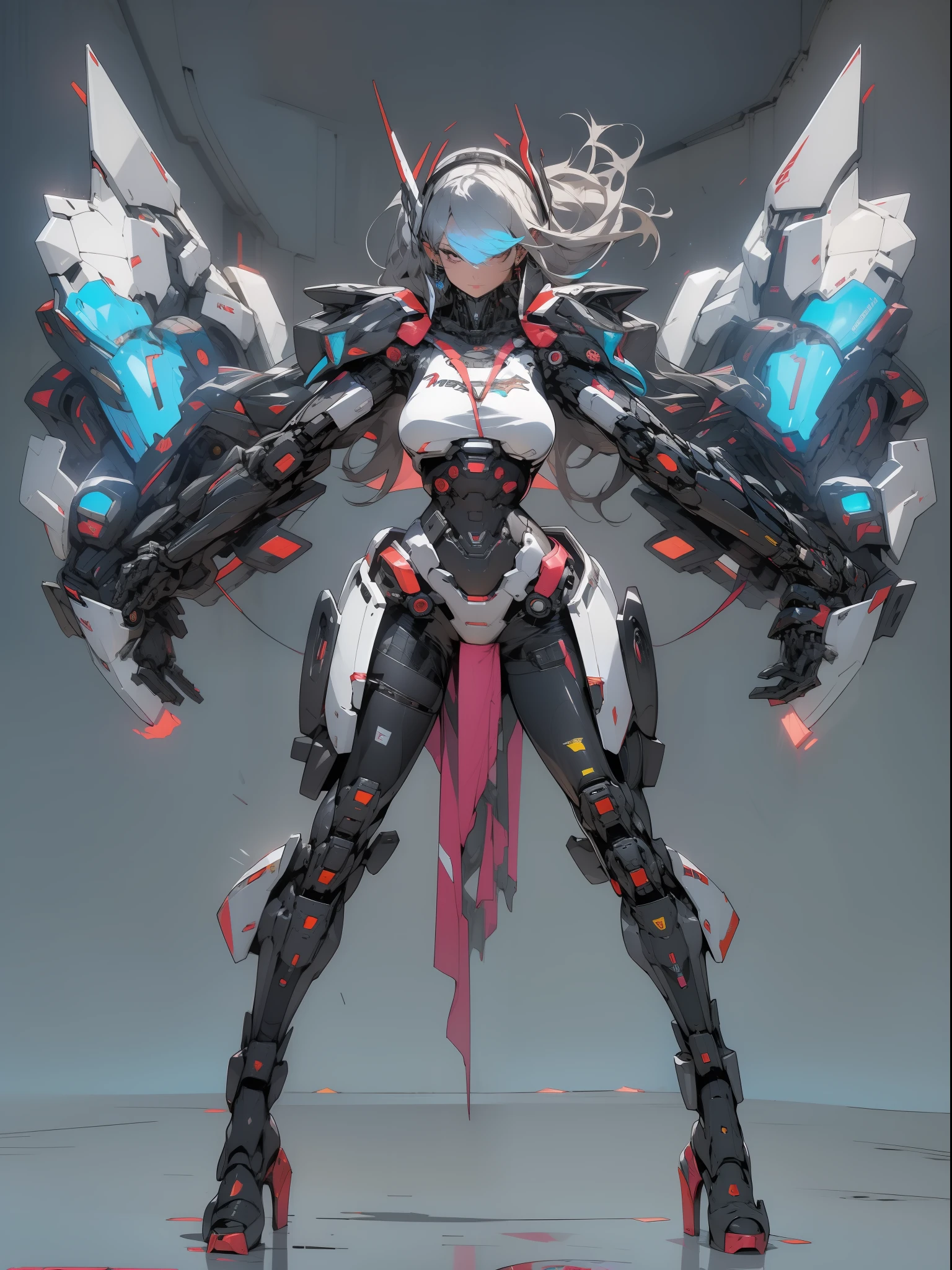 Uma mulher adulta poderosa em seu traje mecha mega detalhado, armamento pesado, viseira cyberpunk, grafismos hi-tech por todo o traje, melhor qualidade, obra prima, pose sexy, corpo perfeito