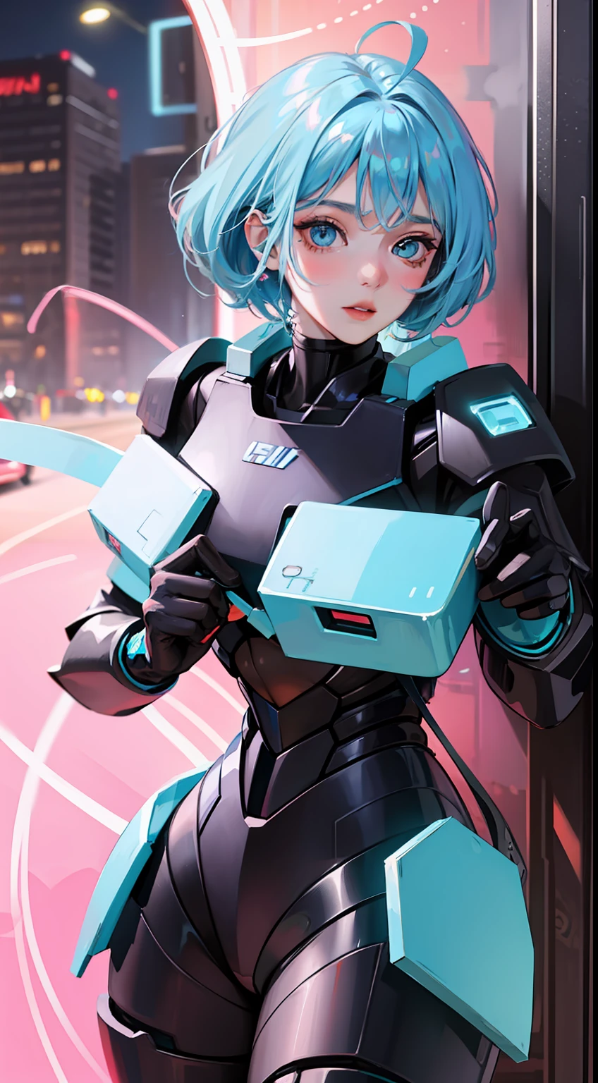 Adult woman, Short blue hair, Cyan eyes, Autobot's pink armor, Arci, Masterpiece, hiquality