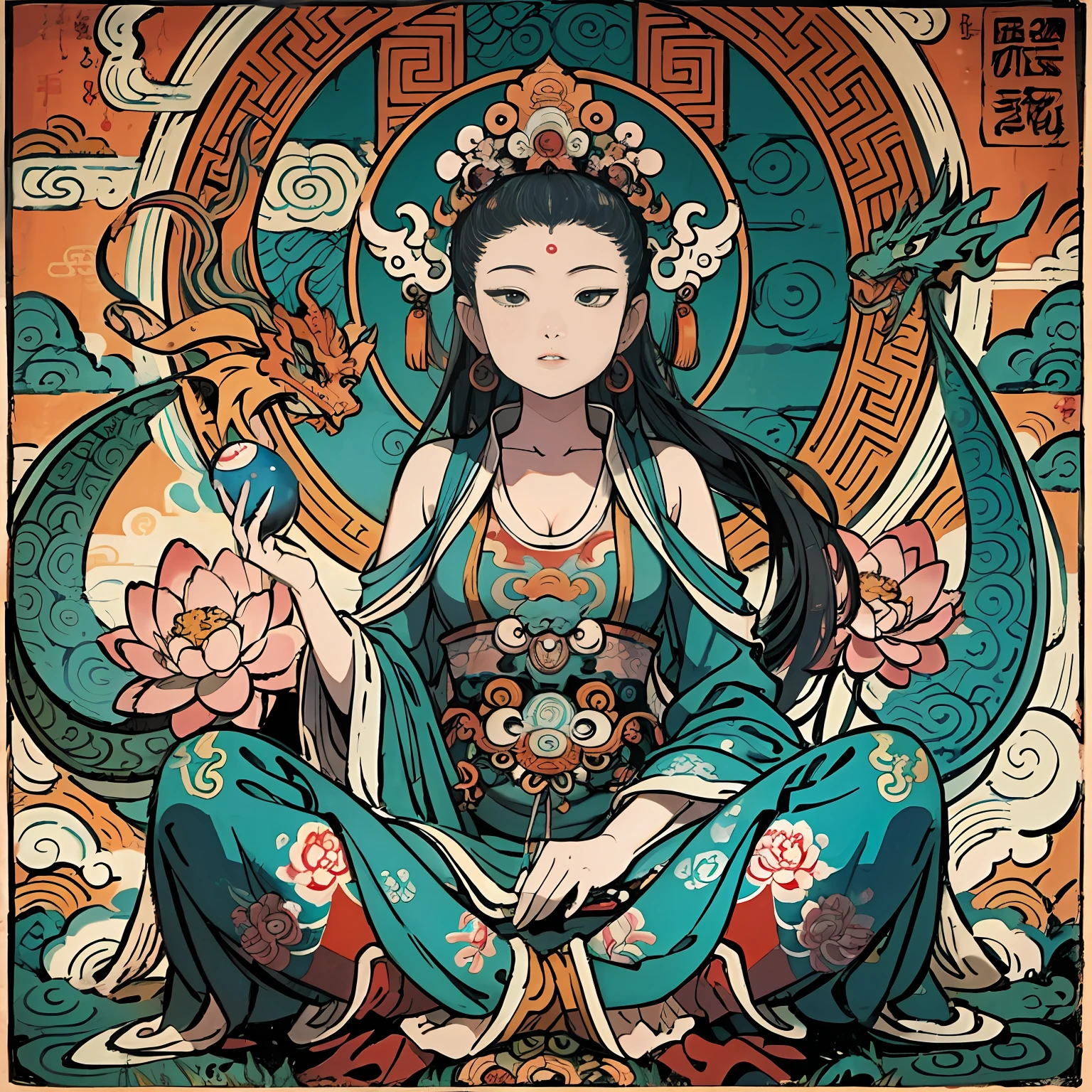 an ancient Chinese goddess, guanyin of the southern seas, Guanyin, Inspired by India, Avalokiteshvara rides a dragon,Serene expression,shui mo hua,Buddha,Buddhist,Lotus,Chinese painting style,Thangka style