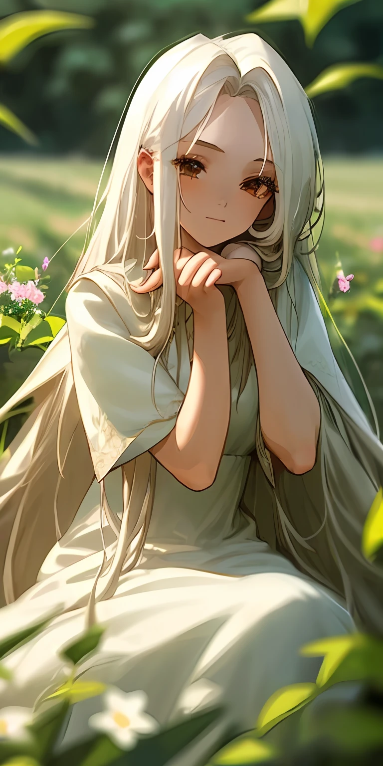 (masterpiece, best quality),1girl with long white hair sitting in a field of green plants and flowers, her hand under her chin, warm lighting, white dress, blurry foreground