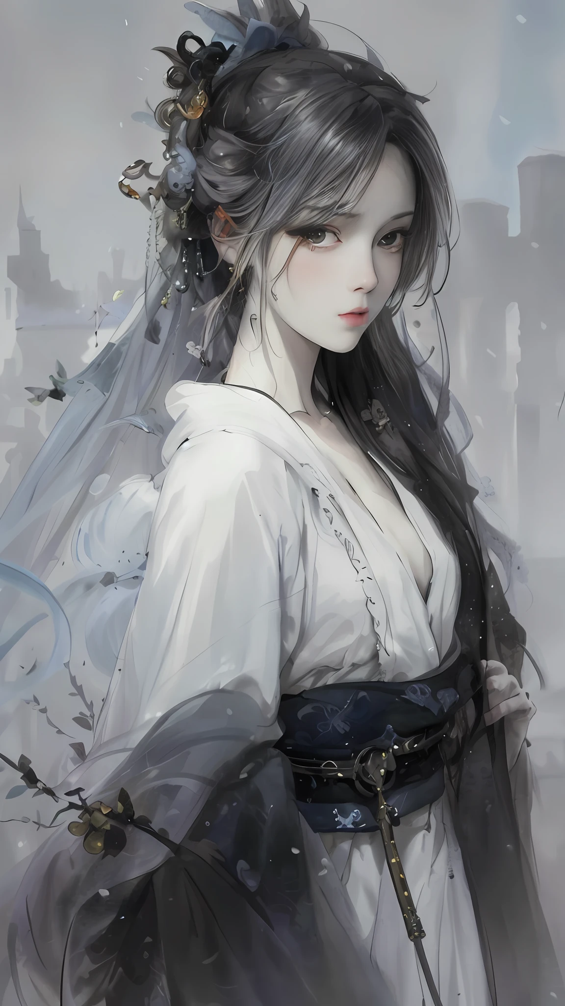 A painting of a woman wearing a veil and a sword, Beautiful character painting, Guviz, Guviz-style artwork, Guweiz in Pixiv ArtStation, Guweiz on ArtStation Pixiv, a beautiful anime portrait, Beautiful anime woman, guweiz masterpiece, style of anime4 K, Palace , A girl in Hanfu,(master piece:1.2,high high quality),(pixiv:1.4,Enchanted expression、full bodyesbian、Amazing facial features,The flowing skirt leaks out of the neck and shoulders、Loose tunic、Complex design,Butterfly tattoo, Stunning lighting, oc rendered,cinematic rim light,The light is delicate,tmasterpiece,ultra - detailed,Epic composition,Super HD,high qulity,HighestQuali,32k