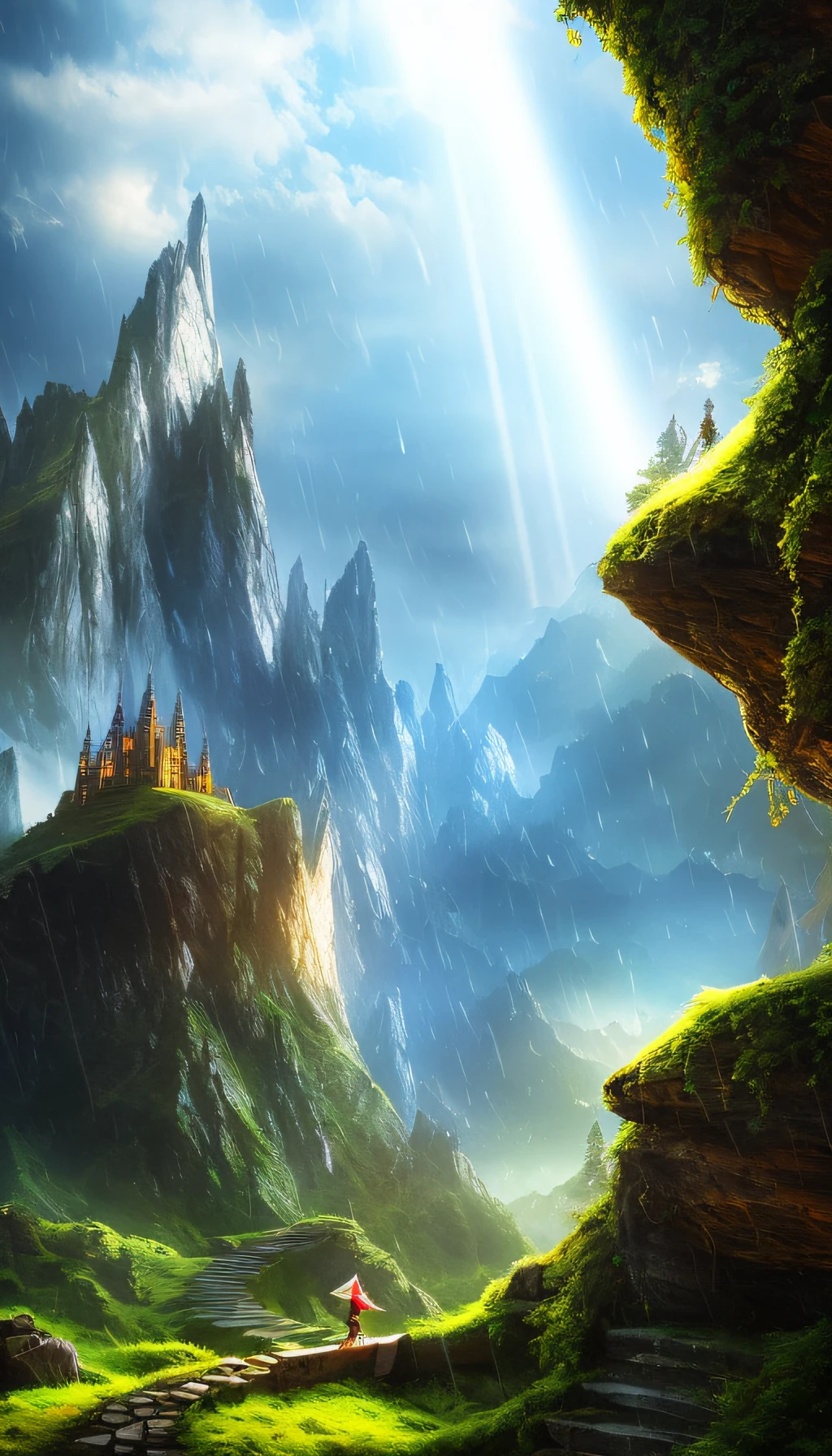 Divine Light, Sharp Focus, Elf, Elf Building, Elven City, Royal City, Stunning Landscape, Landscape, Landscape, Rain, Dark Fantasy, Suspense