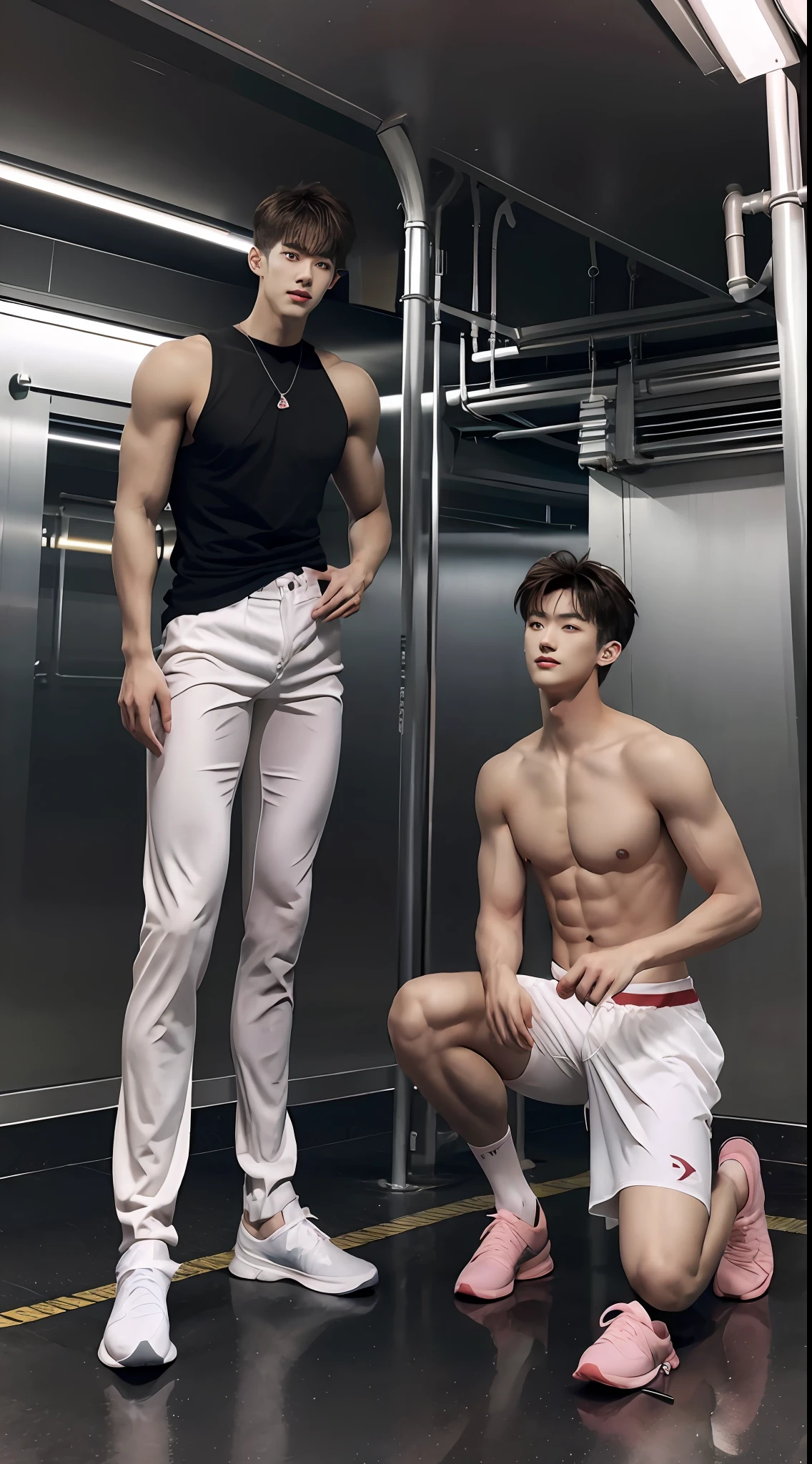 (A lovely Shota:2),(Colored screen:1.2),solo person,(full bodyesbian:3),(Stay away from the lens:3),Expose your legs,(revealing the whole body:2),(Frontal heads-up view:1.2),malefocus,(looking at viewert), old,(Tall:3),(Tall guy:2),Super tall,(Height 300 cm:2),Excellent body proportions,(1.The shoulders are 5 times wider:1.2),(Slender straight legs:2.5),Slender feet,small heads,musculous,(Lovely and pretty:2),(The face of an anime man),(Very detailed beautiful face and eyes:2),(Big bright eyes:1.2),Sharp eyeliner,Clear and beautiful face,,exhilarated,(Happy smile:2),short detailed hair,(Correct facial features),(tilts your head:1.5),(Pink Spider-Man suit:2),(Muscle firming:2),Strong,(Wide shoulders and narrow waist:2.2),Sports men's socks,Detailed muscle texture,Highlights muscle structure,In the subway car,(kneeling to sitting on the ground:4),(full length shoot),ultra-realistic realism, (Photorealistic detail), Incredible accuracy, lifelike textures, masterful technique, Jaw-dropping precision, artistic dedication,(anatomy correct),Good lighting,exquisite detailing,Best quality,stunning masterpiece,CG