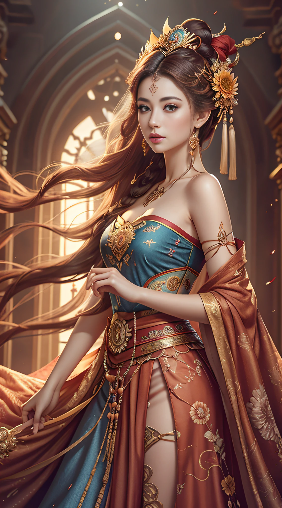 Best quality, masterpiece, ultra-detailed high resolution, (realistic: 1.4), original photos, illustrations,
1 Girl standing with a weapon, full body photo (solo: 1.2), (denim lens: 1.2), (hair crown: 1.2), Chinese Dunhuang traditional costume, strapless, (red eyeliner: 1.2), (: 1.4), earrings, dynamic angle, opera house, messy_long_hair, ink, movie lighting, lens_flare, velvet, chrysanthemum, tassel, ribbon, color embroidery,