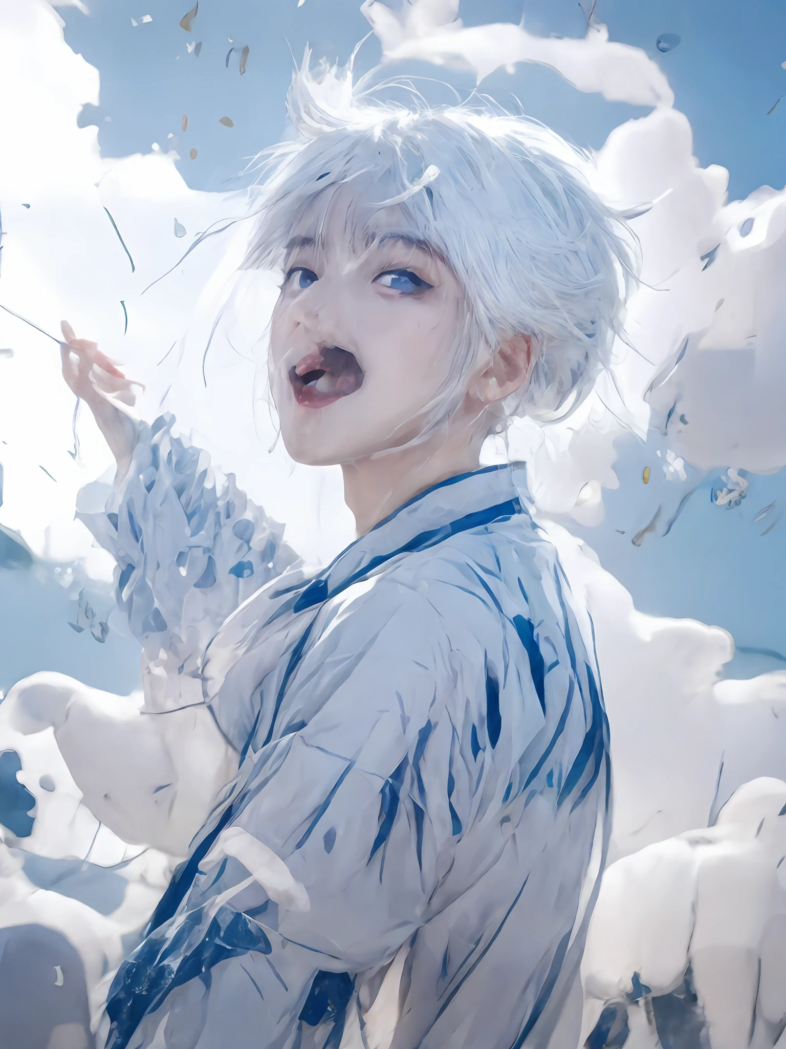 Anime boy with white hair and blue eyes standing in the rain, Guweiz in Pixiv ArtStation, Anime boy, Guweiz on ArtStation Pixiv, messy wavy white hair, zerochan art, Guviz-style artwork, white hair floating in air, nevando, trending on artstation pixiv, white haired Cangcang