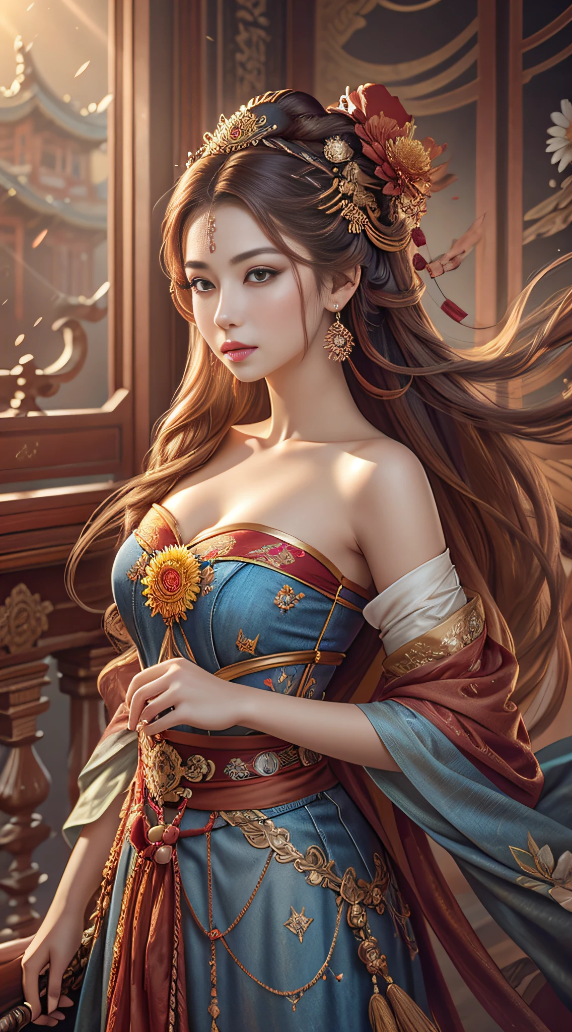 Best quality, masterpiece, ultra-detailed high resolution, (realistic: 1.4), original photos, illustrations,
1 Girl standing with a weapon, full body photo (solo: 1.2), (denim lens: 1.2), (hair crown: 1.2), Chinese Dunhuang traditional costume, strapless, (red eyeliner: 1.2), (: 1.4), earrings, dynamic angle, opera house, messy_long_hair, ink, movie lighting, lens_flare, velvet, chrysanthemum, tassel, ribbon, color embroidery,