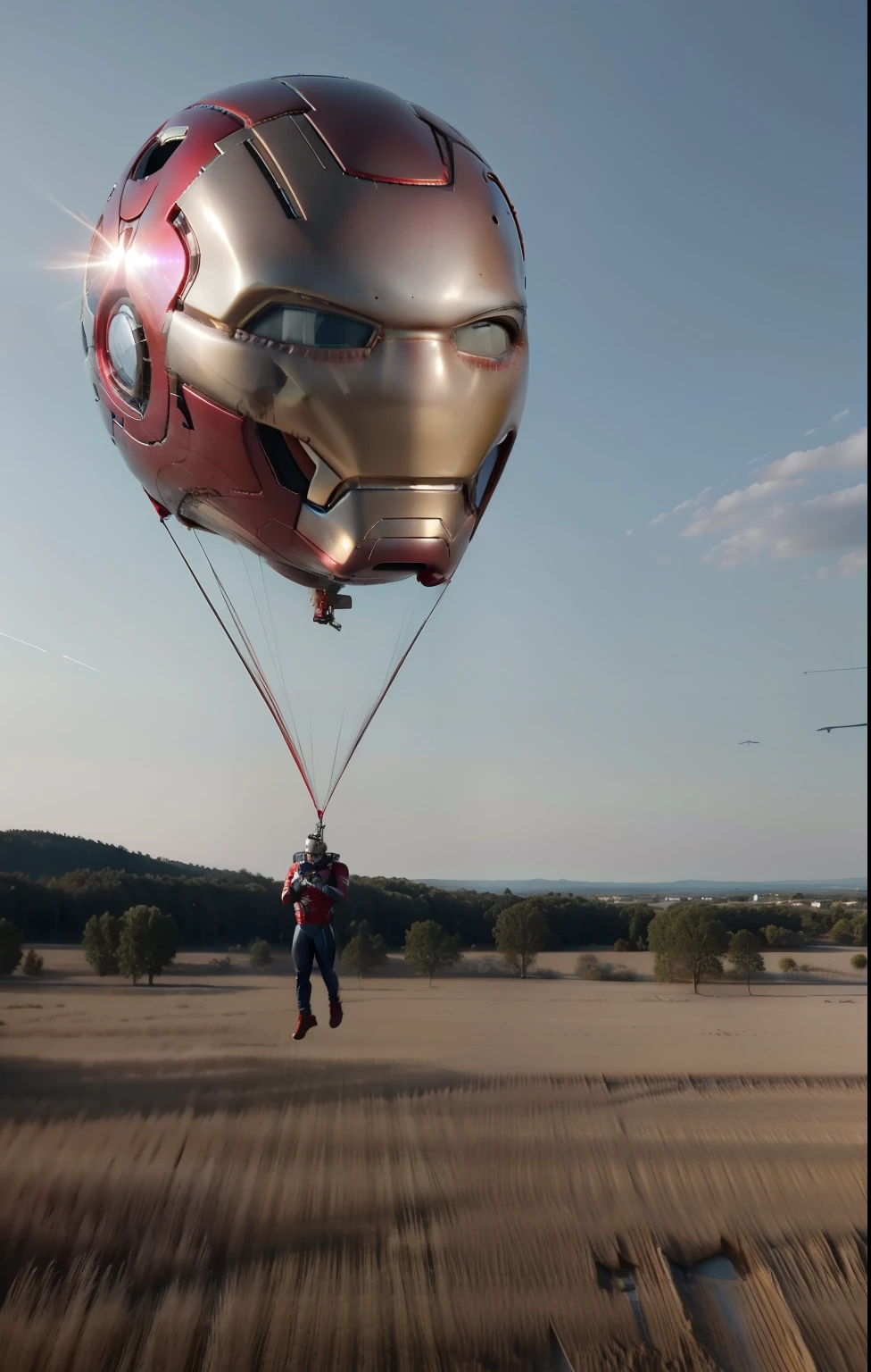 a hotballon look like Ironman head ,flying up in sky, reality