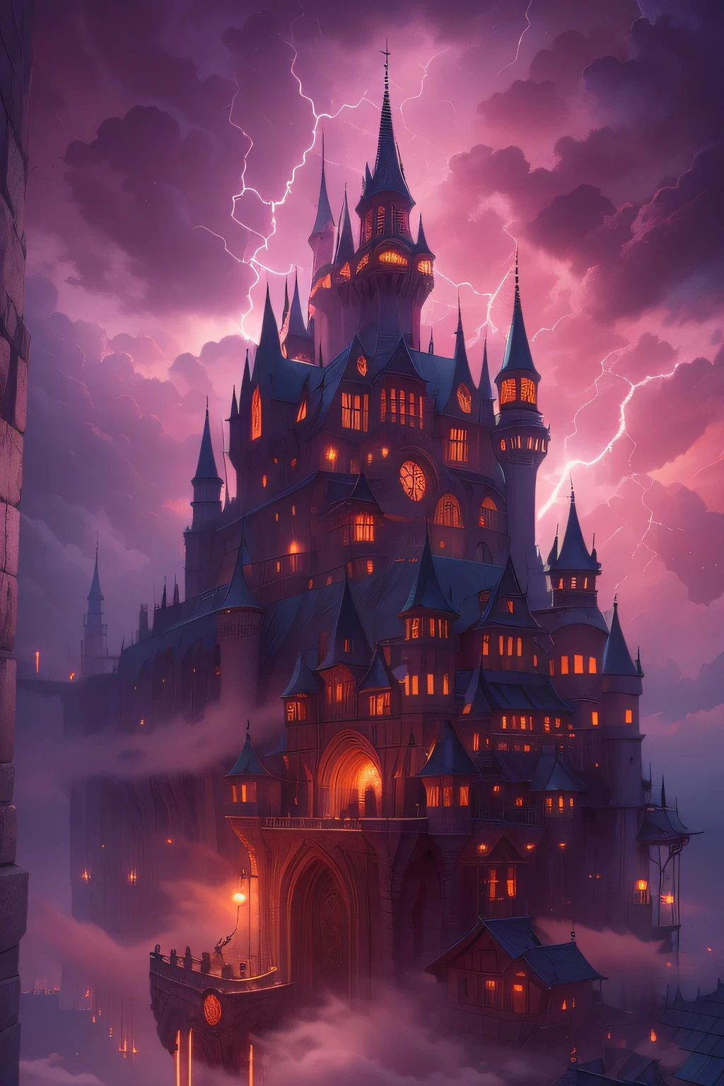In the sky there is a castle with a tower, high fantasy castle, Flying citadel with towers, Flying Castle, epic castle with tall spires, abandoned castle in the sky, Fantasy architecture, futuristic castle, symmetrical spectacular fantasy art, an immense floating castle, Cyberpunk Castle, Flying Cloud Castle, High Fantasy Matte Painting, Castle in the air,Castle in the Sky,Alafed Castle with spire and clock tower in the background, epic castle with tall spires, concept art stunning atmosphere, andreas rocha and john howe, andreas rocha style, inspired by Raphael Lacoste, inspired by Marc Simonetti, bussiere rutkowski andreas rocha, Fantasy architecture, gothic epic library concept, Marc Simonetti. Convoluted, Lightning clouds, Atmospheric lightning, Pink lightning, With thunderstorms, Dark storm with lightning, Dramatic purple lightning, Lightning in the sky, Colorful lightning contrast lightning, thunderstorm in the sky, Lightning in the background, With lightning, Stormy weather with lightning, Lightning that creates life, Upper volumetriclightning, thunderstorm, Dark clouds and lightning、(Red moon seen through the clouds),Horror movie effects,