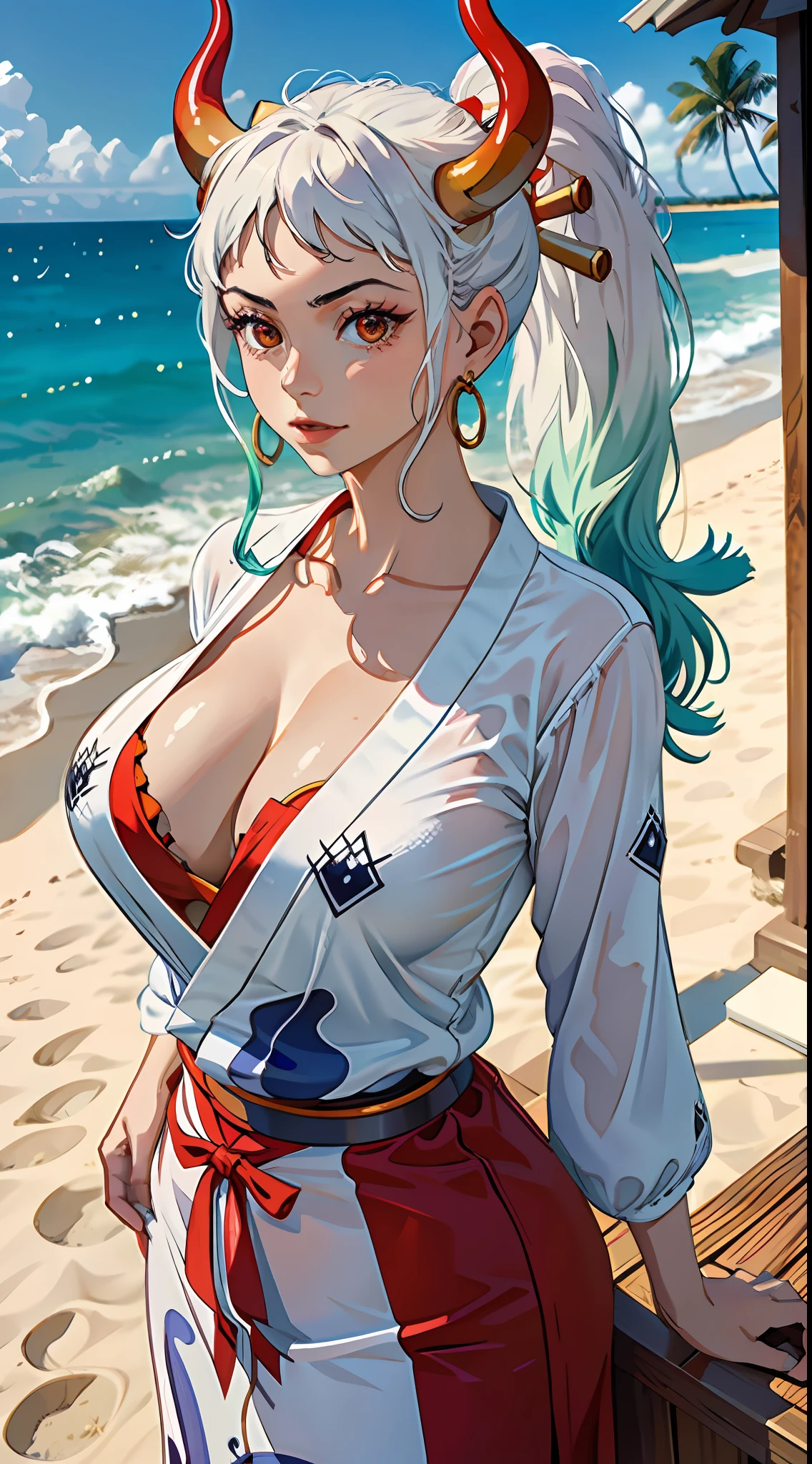 Masterpiece, Best quality, 1womanl, A high resolution,  Beautiful girl ,  yamatowanpi，Large breasts，cleavage，White color blouse，looks into camera，Bust photo，Raised sexy，Be red in the face，Sea background，ssmile