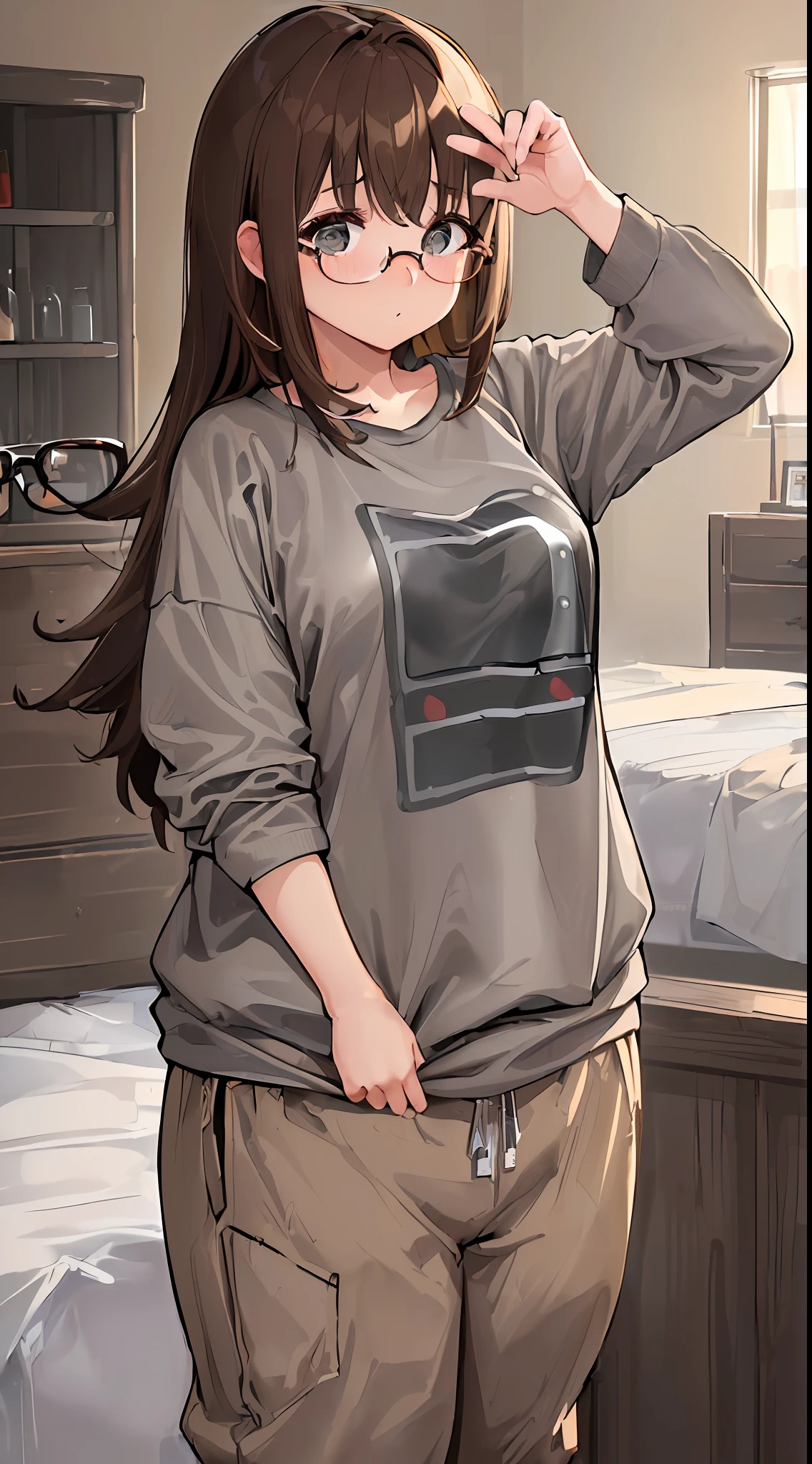 ((top-quality、in 8K、masterpiece:1.2))、1 adult female、fleshy body shape:1.6、((Invisible brown hair、Dasai T-shirt、Grey sweatshirt Long pants、Thick round glasses:1.3))、in the messy room
