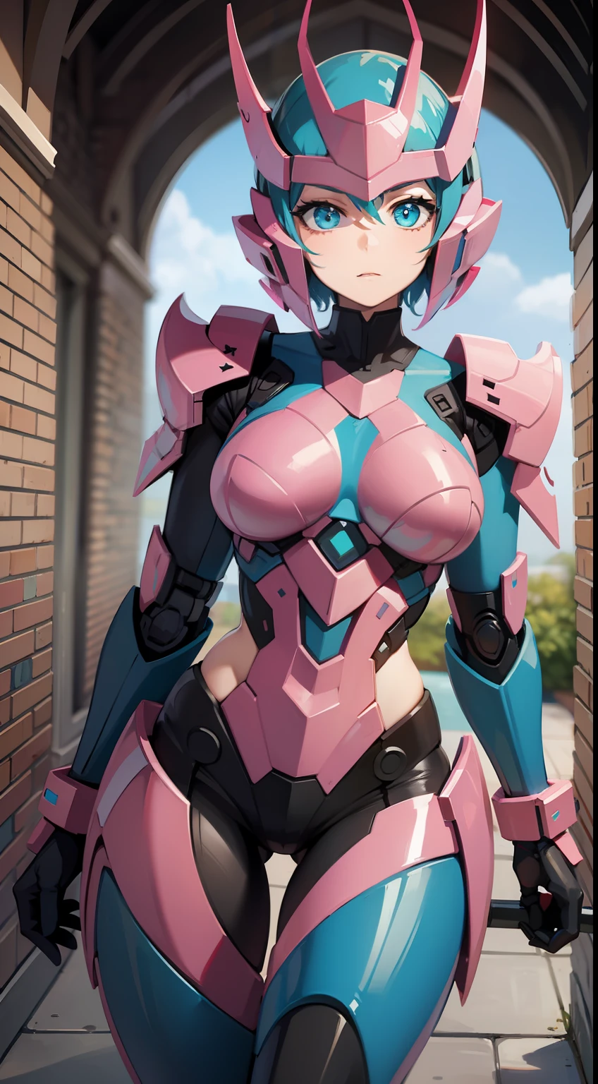 Adult woman, Short blue hair, Cyan eyes, Autobot's pink armor, arch, Masterpiece, hiquality