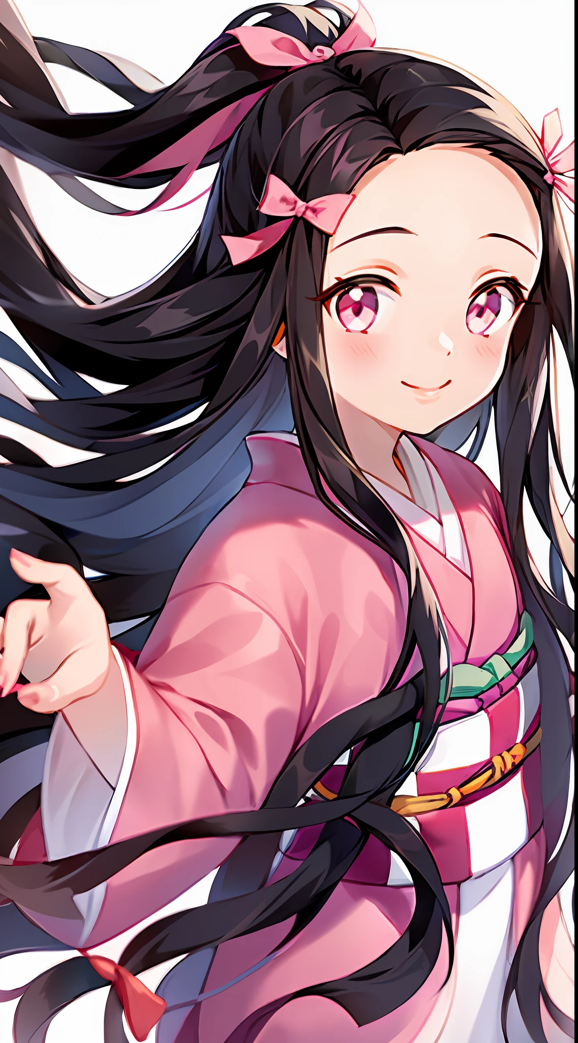 kamado nezuko, 1girl, black hair, closed mouth, forehead, hair ribbon, japanese clothes, kimono, long hair, multicolored hair, pink eyes, pink kimono, pink nails, pink ribbon, ribbon, simple background, smile, solo, very long hair, white background, ((masterpiece))
