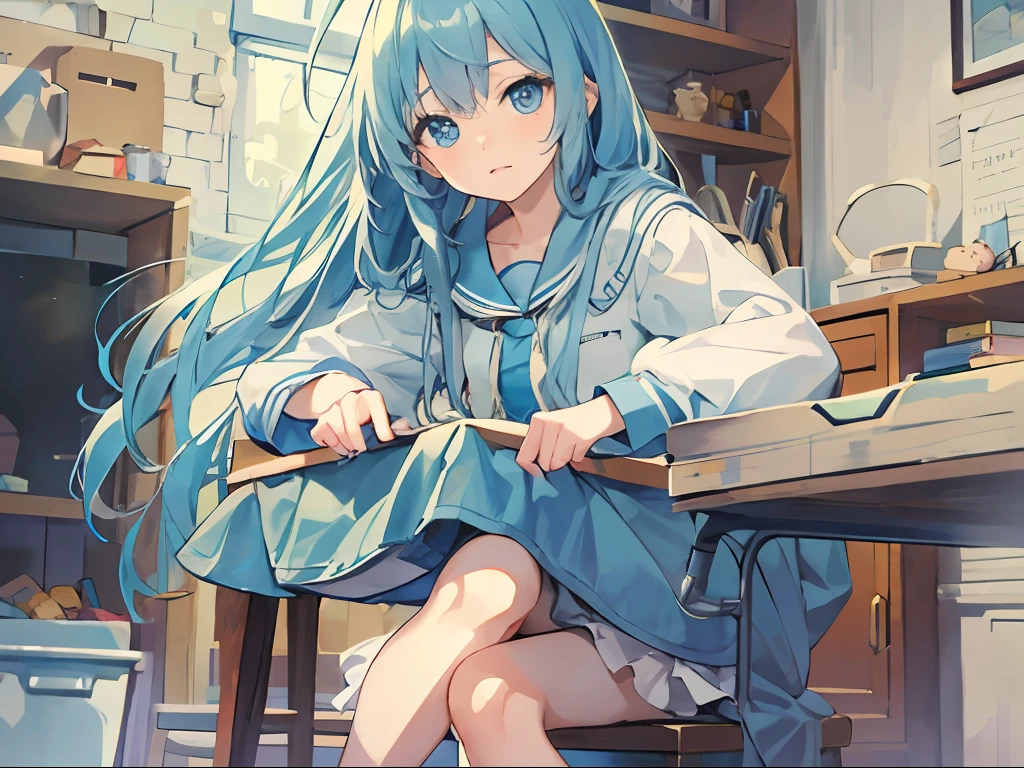 Best quality, tmasterpiece, A 12-year-old girl,Long blue hair and blue eyes,Sit on a stool at home,The expression is cold,Clear facial features,In the background is a worn-out desk