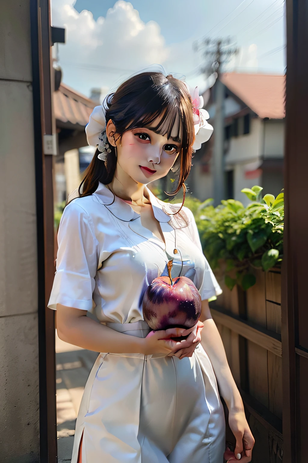 A beautiful woman holds a Sanhua plum，On a sunny noon，Wearing slightly sexy white clothes。The clothes are a bit vintage，There is a pattern。