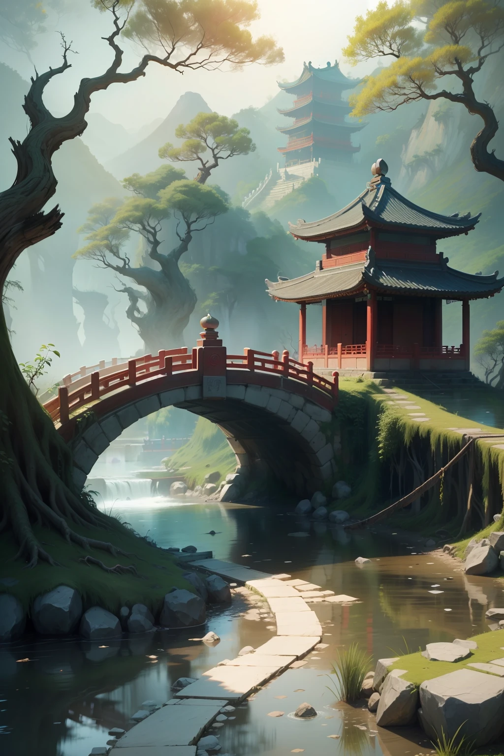 Chinese Ancient Times,Dead vines,old trees,Woat,small bridges,flowingwater,family