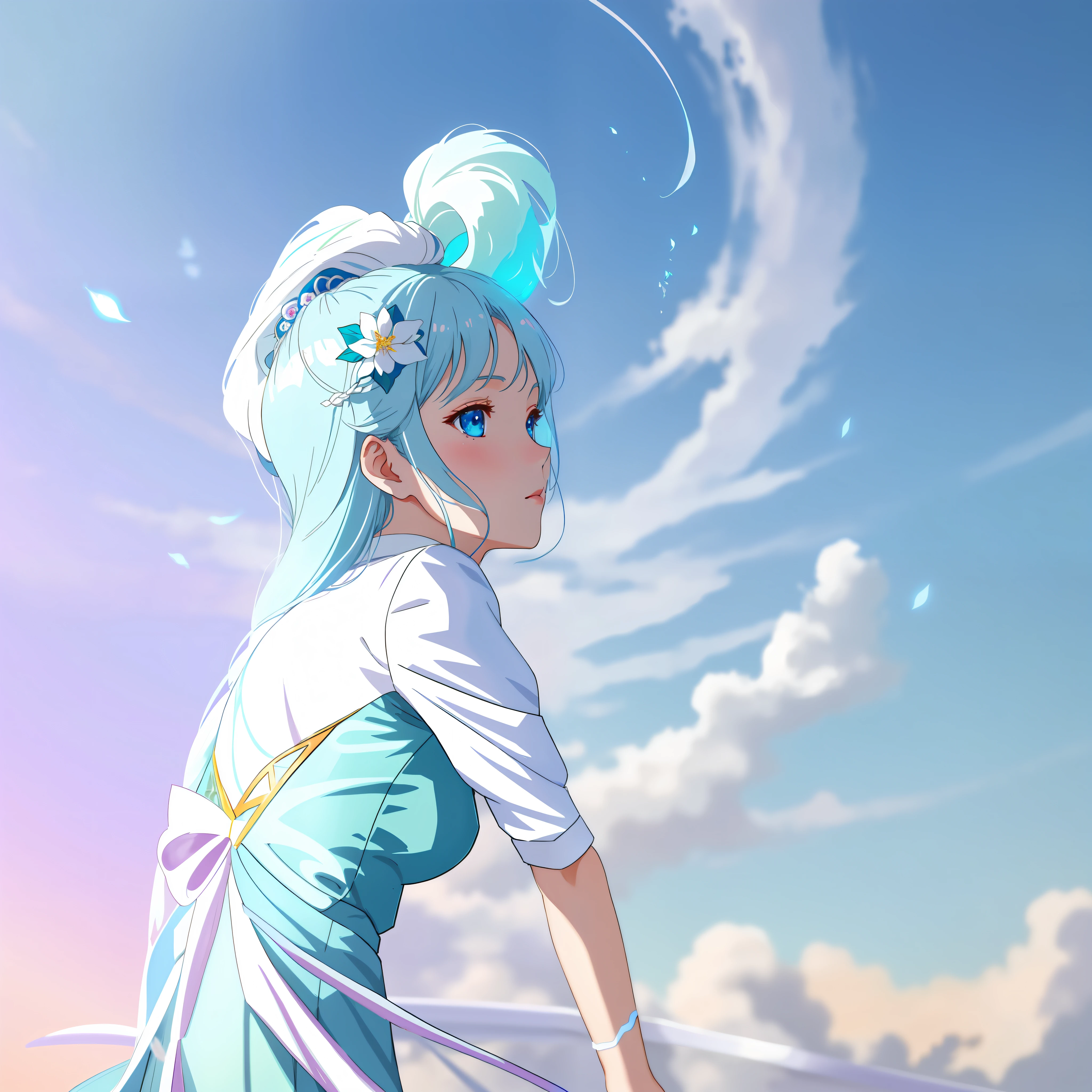 best qualtiy, vivd colour, (Fine beautiful eyes and detailed face), cinmatic lighting, the Extremely Detailed CG Unity 8K Wallpapers, 独奏, a painting of a woman with a flower in her hair,long whitr hair,hd anime wallaper,Blue and white theme,mano,Art table sample,Porcelain white skin,Bian Shoumin,Cold color temperature,Inspired by Jean Columbus,cinemnatic#B57E59 skin color,soey milk,mind-blowing detail,Inspired by Raymond Teague Cowen,whaite hair,Cold place,Guvez