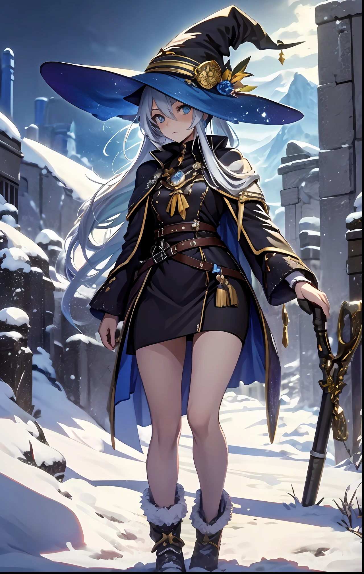 best qualityer，tmasterpiece，Ultimate resolution，downy，Extremely colorful，Colorful，The Witch，Long silver-blue hair，hair-bun，a matural female，Witch long-distance running，Magic Hat，Golden Hoop Stick，snow country，Lost snow，Normal posture