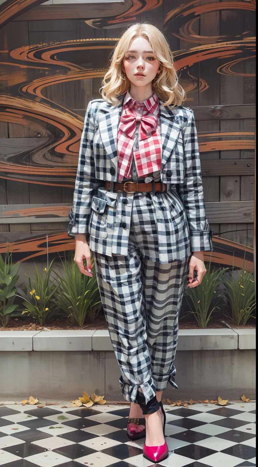 Beautiful woman in intricate Bold and Gingham Outfit