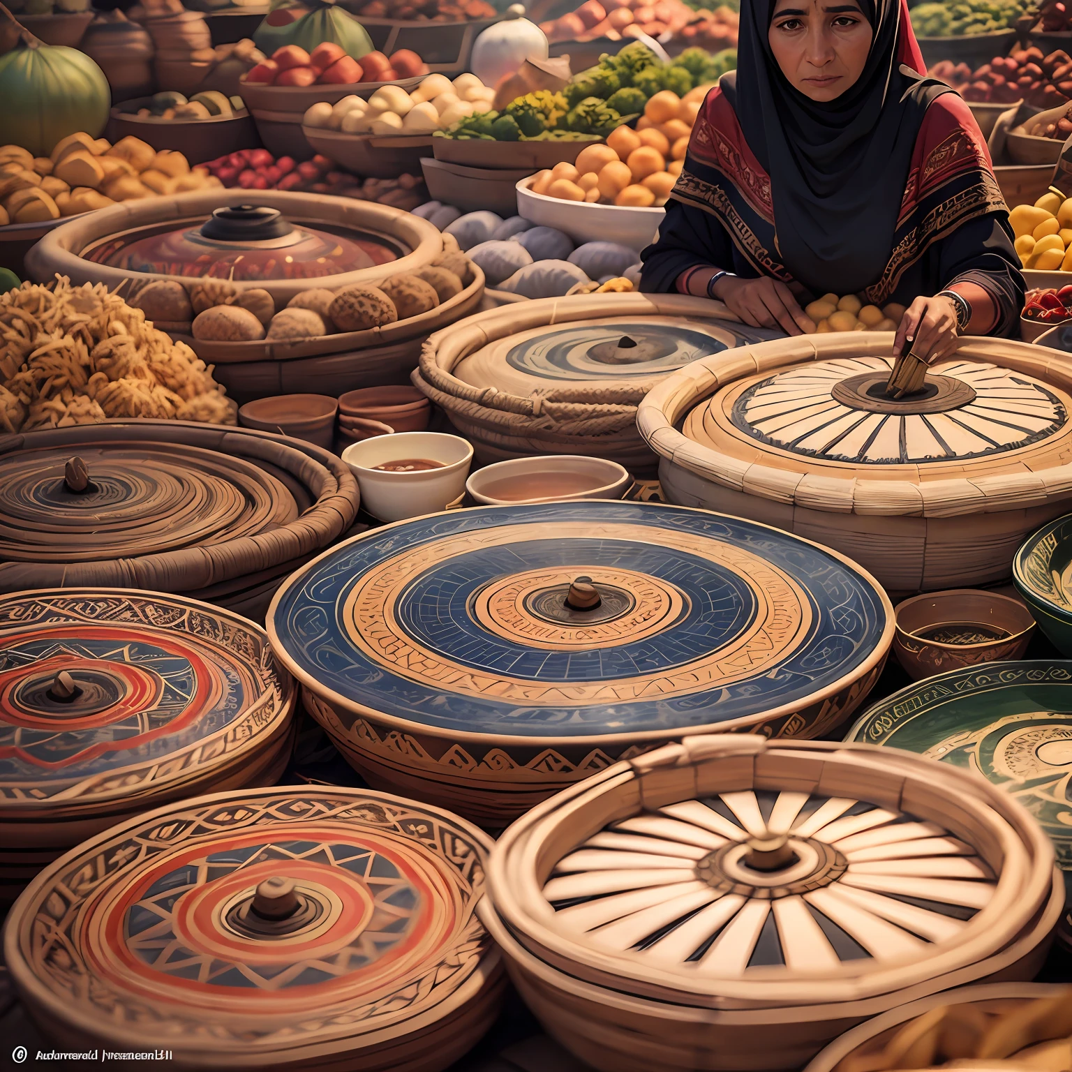 Bazar oriental em Marrakech em local fechado. Close-up of an Arab merchant Muslim woman. Around the abundance of oriental products, MEMORIES, pratos, tapetes e luminarias. Arab market background in realistic enclosed place --auto --s2