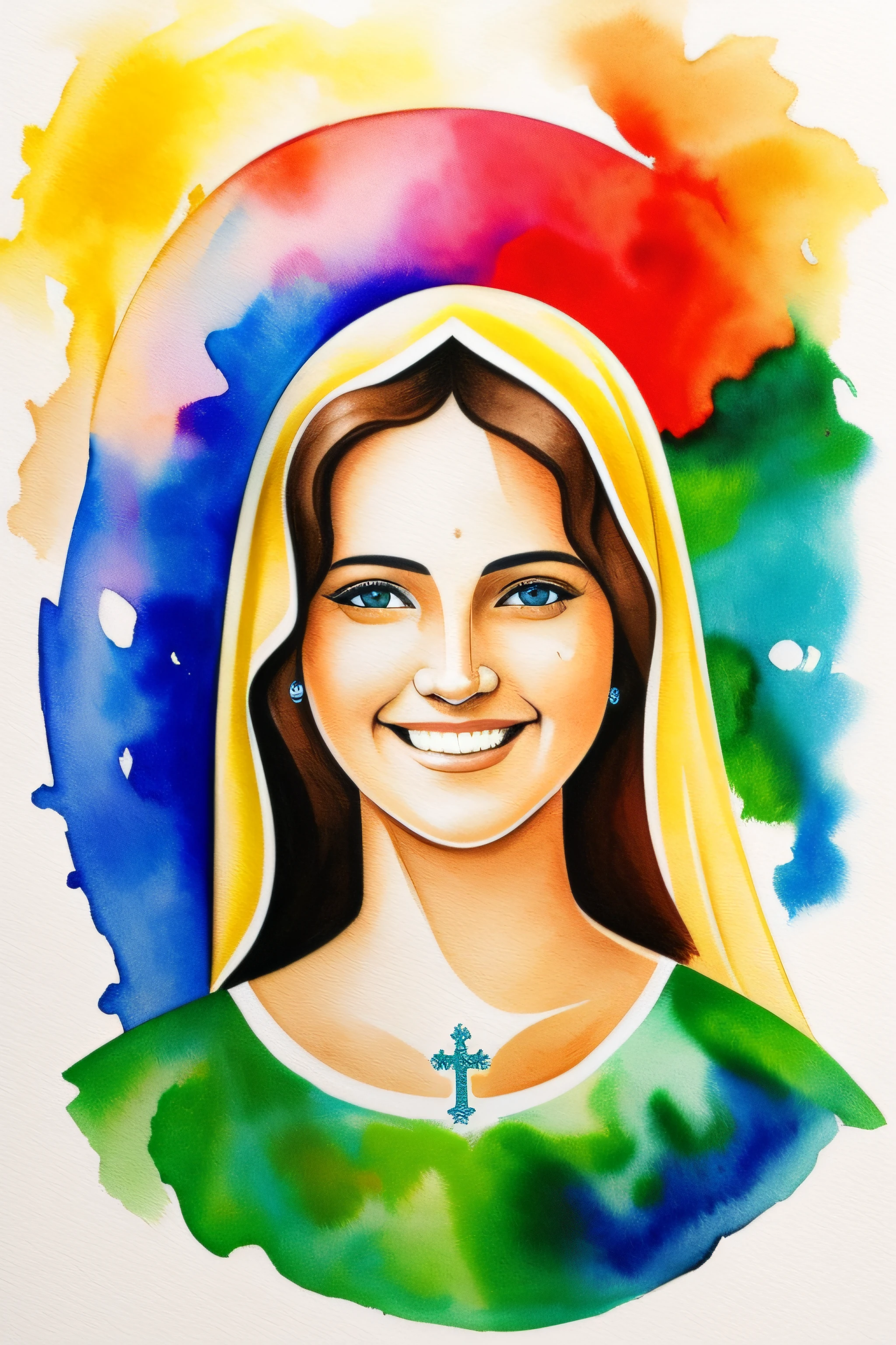 Holy Mary smiling, Aquarela, Centrado, centro da imagem, fundo branco, tela branca, criativo, arte da camiseta, desenho vetorial.