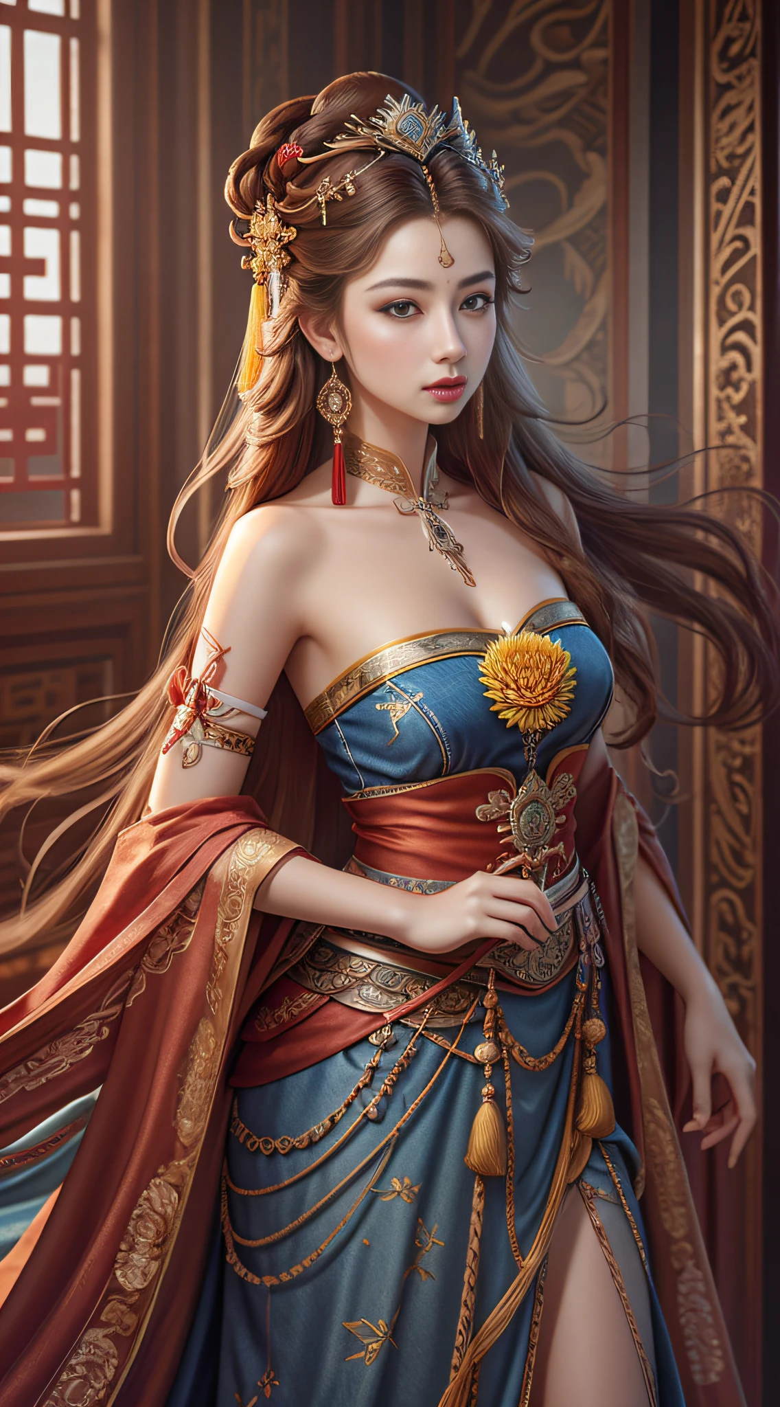 Best quality, masterpiece, ultra-detailed high resolution, (realistic: 1.4), original photos, illustrations,
1 Girl standing with a weapon, full body photo (solo: 1.2), (denim lens: 1.2), (hair crown: 1.2), Chinese Dunhuang traditional costume, strapless, (red eyeliner: 1.2), (: 1.4), earrings, dynamic angle, opera house, messy_long_hair, ink, movie lighting, lens_flare, velvet, chrysanthemum, tassel, ribbon, color embroidery,