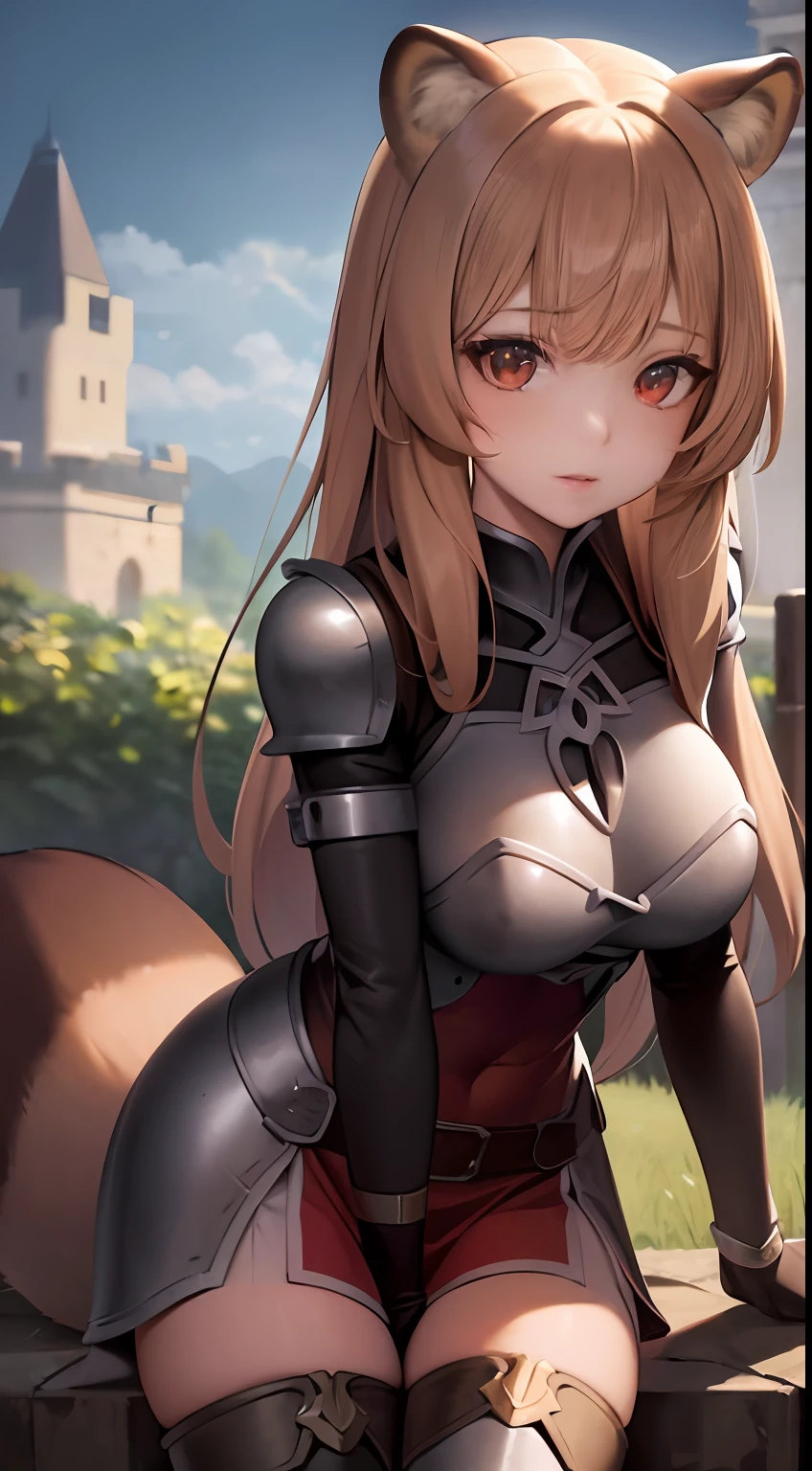 SFW,masterpiece,best quality,ultra-detailed, ray tracing,perfect lighting, raph, 1girl, solo, tail, racoon ears, wearing armor, castle background, staring at viewer, light brown hair, red eyes, black eyeliner