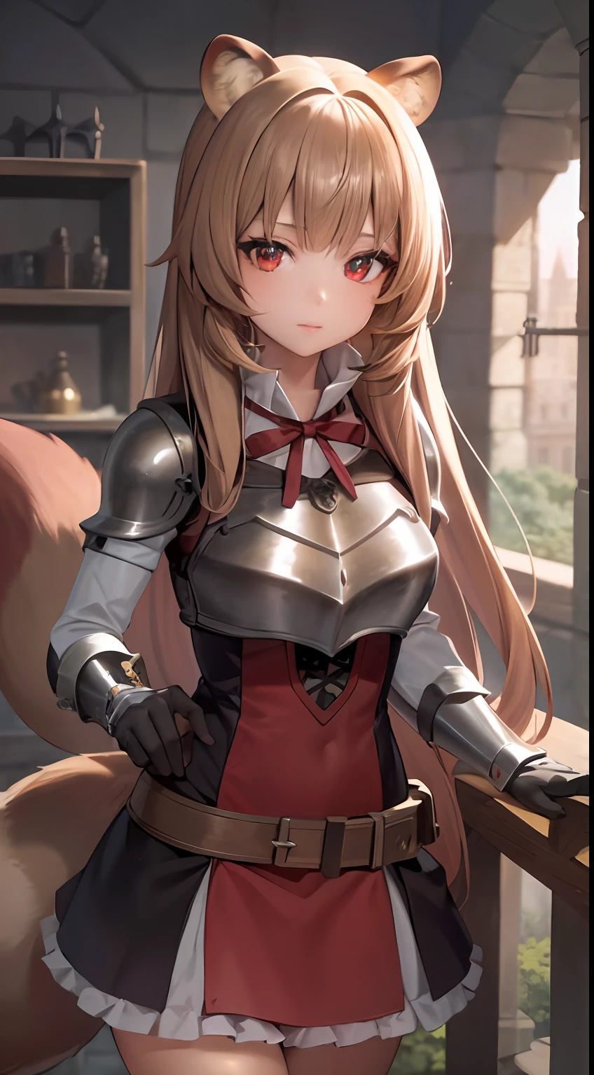 SFW,masterpiece,best quality,ultra-detailed, ray tracing,perfect lighting, raph, 1girl, solo, tail, racoon ears, wearing armor, castle background, staring at viewer, light brown hair, red eyes, black eyeliner