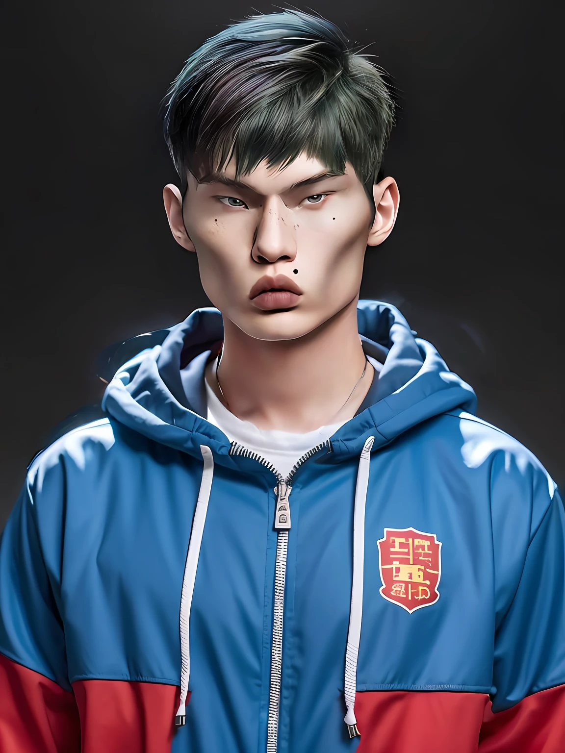 A Chinese male high school student，PVC red tracksuit，solid color backdrop
