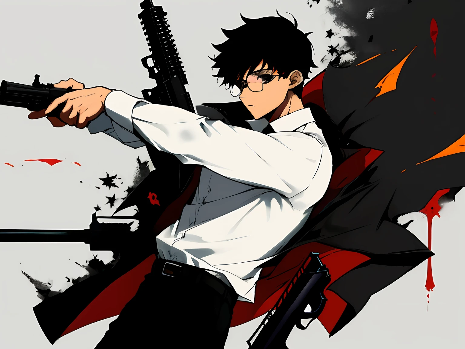 Boy,Layered black hair, white shirt, glasses,gun
