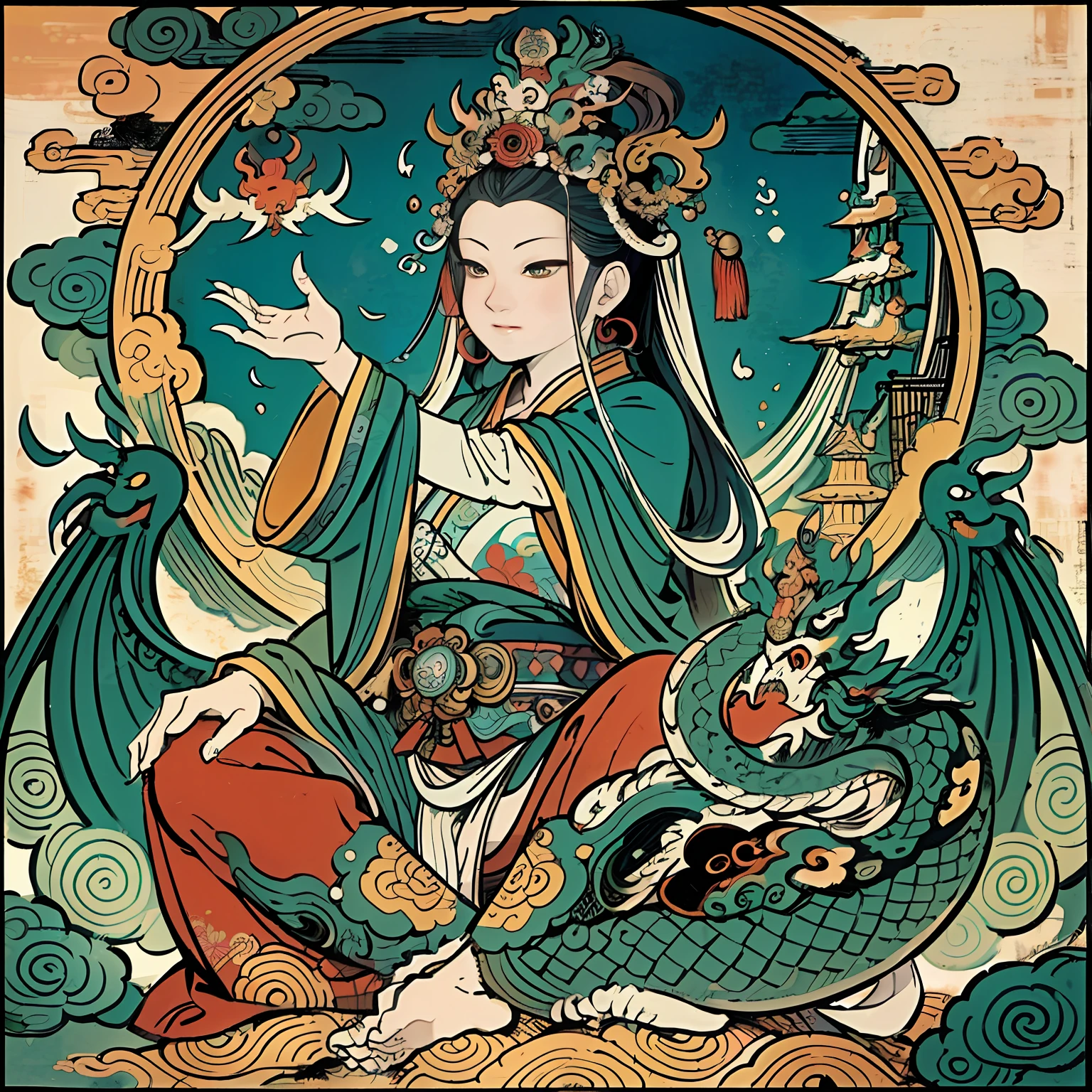 an ancient Chinese goddess, guanyin of the southern seas, Guanyin, Inspired by India, Avalokiteshvara rides a dragon,Serene expression,shui mo hua,Buddha,Buddhist,Lotus,Chinese painting style,Thangka style