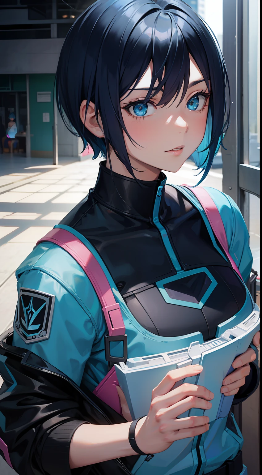 Adult woman, Short blue hair, Cyan eyes, Autobot's pink armor, arch, Masterpiece, hiquality