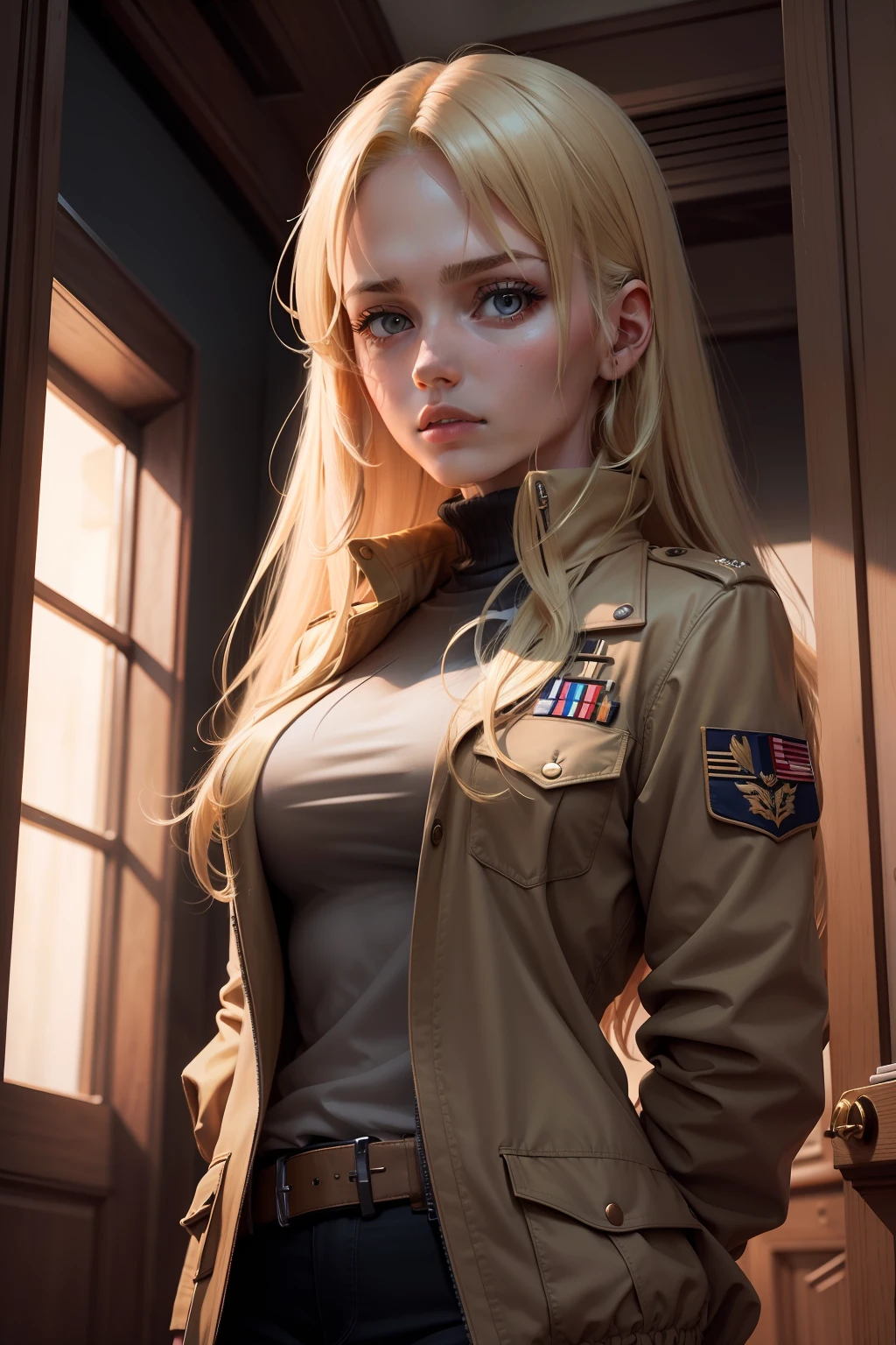 a blonde woman with loose hair in a brown jacket standing in a dark room, Segredos, militar, Top Secret, ultrarealista e detalhado, cicatriz na testa, triste, terror, quarto escuro