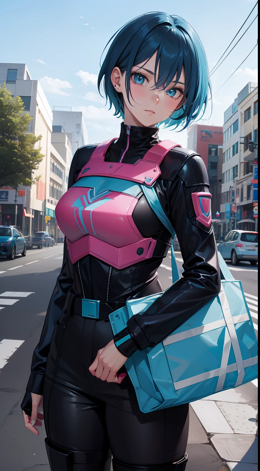 Adult woman, Short blue hair, Cyan eyes, Autobot's pink armor, arch, Masterpiece, hiquality